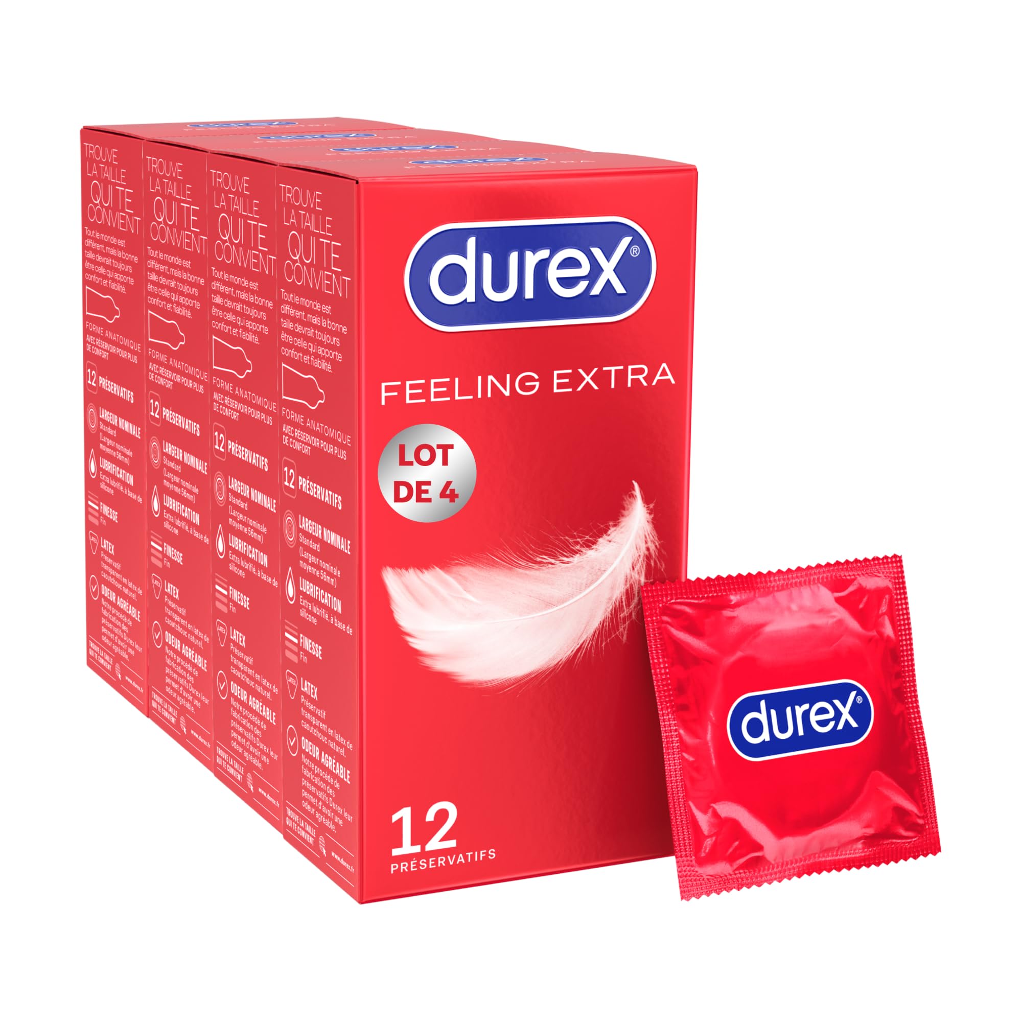 Durex Préservatifs Feeling Extra - 12 Préservatifs Homme Fins et Extra Lubrifiés (48 Préservatifs)