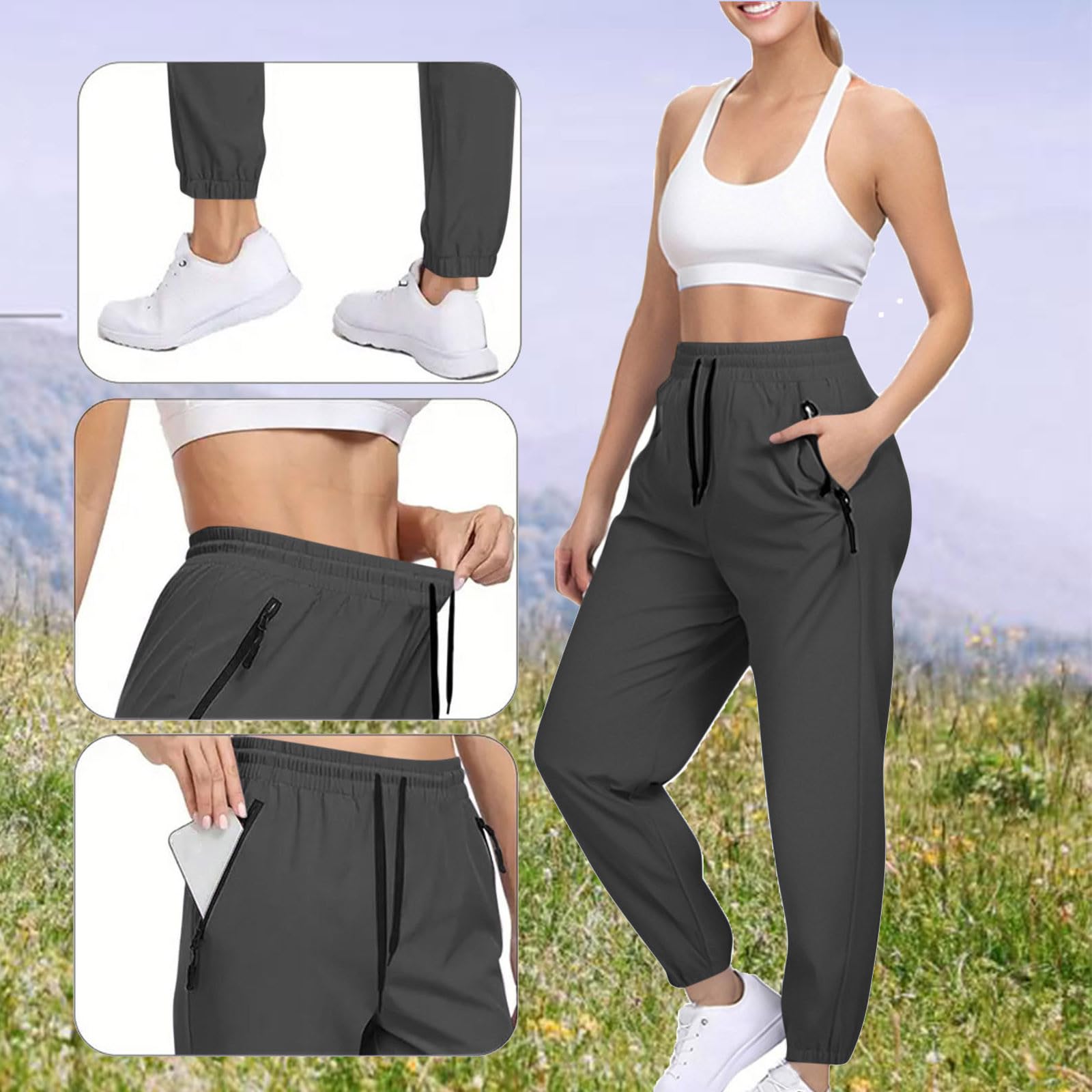 Womens Cargo Joggers Summer Lightweight Quick Dry Hiking Pants Tapered Active Running Athletic Trousers with Pockets(Dark Gray,Small)