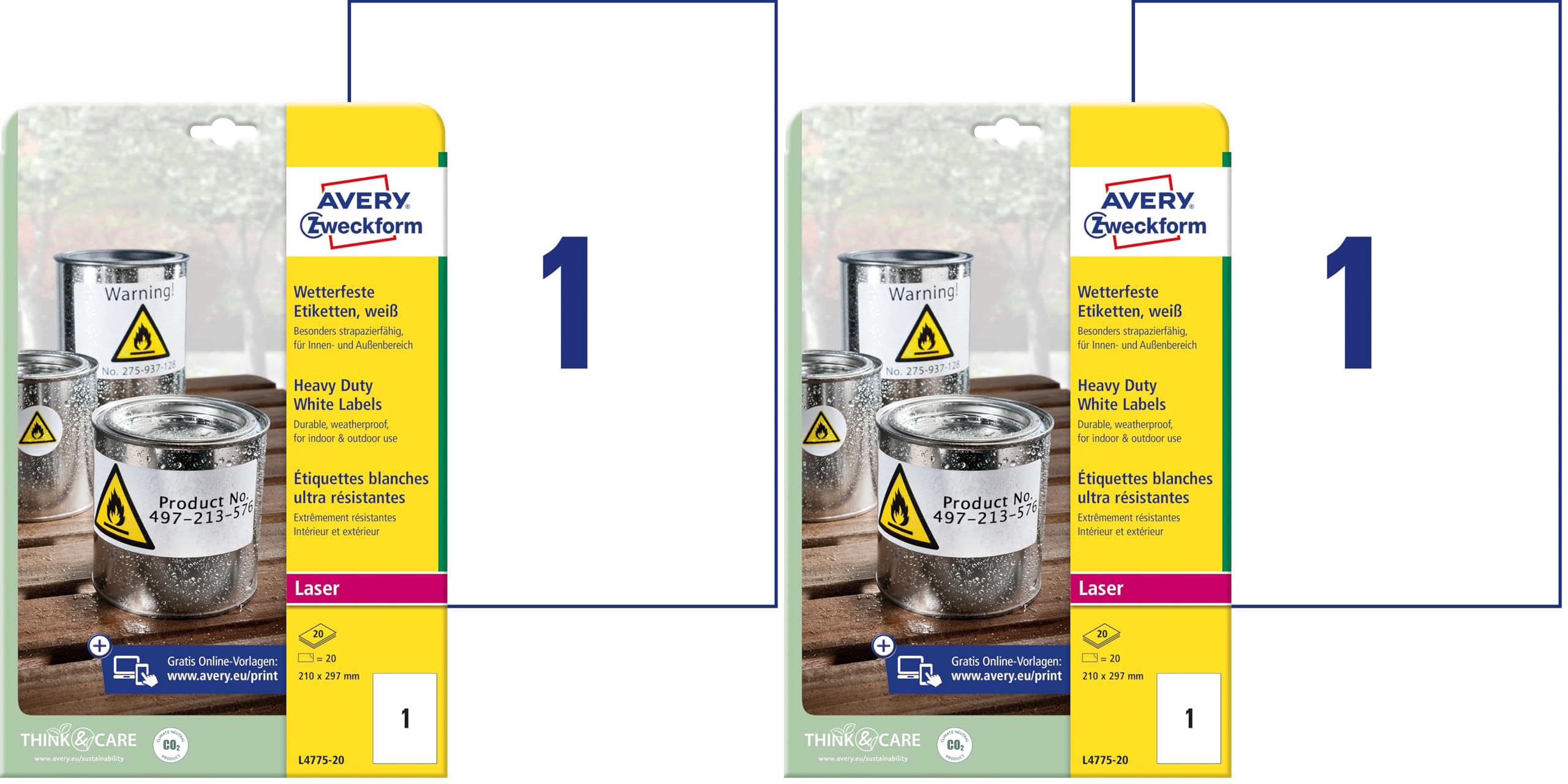 AVERY Zweckform L4775-20 Wetterfeste Folienetiketten (20 Klebeetiketten, 210x297mm auf A4, extrem stark selbstklebend, wasserfest, strapazierfähig, bedruckbare Outdoor Klebefolie) 20 Blatt, weiß