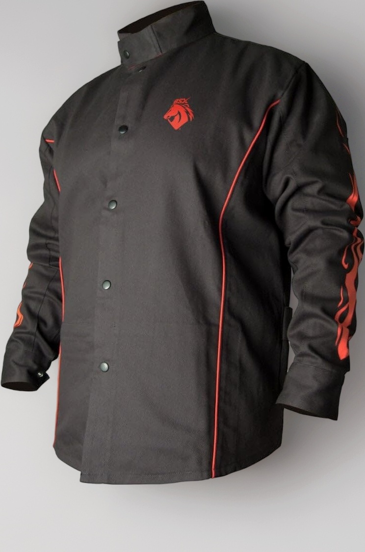 BX9C Black W/ Red Flames Cotton Welding Jacket - XL
