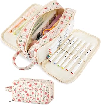 Cute Big Pencil Case Pouch Bag Pink Flower for Teen Girls Boy Gift
