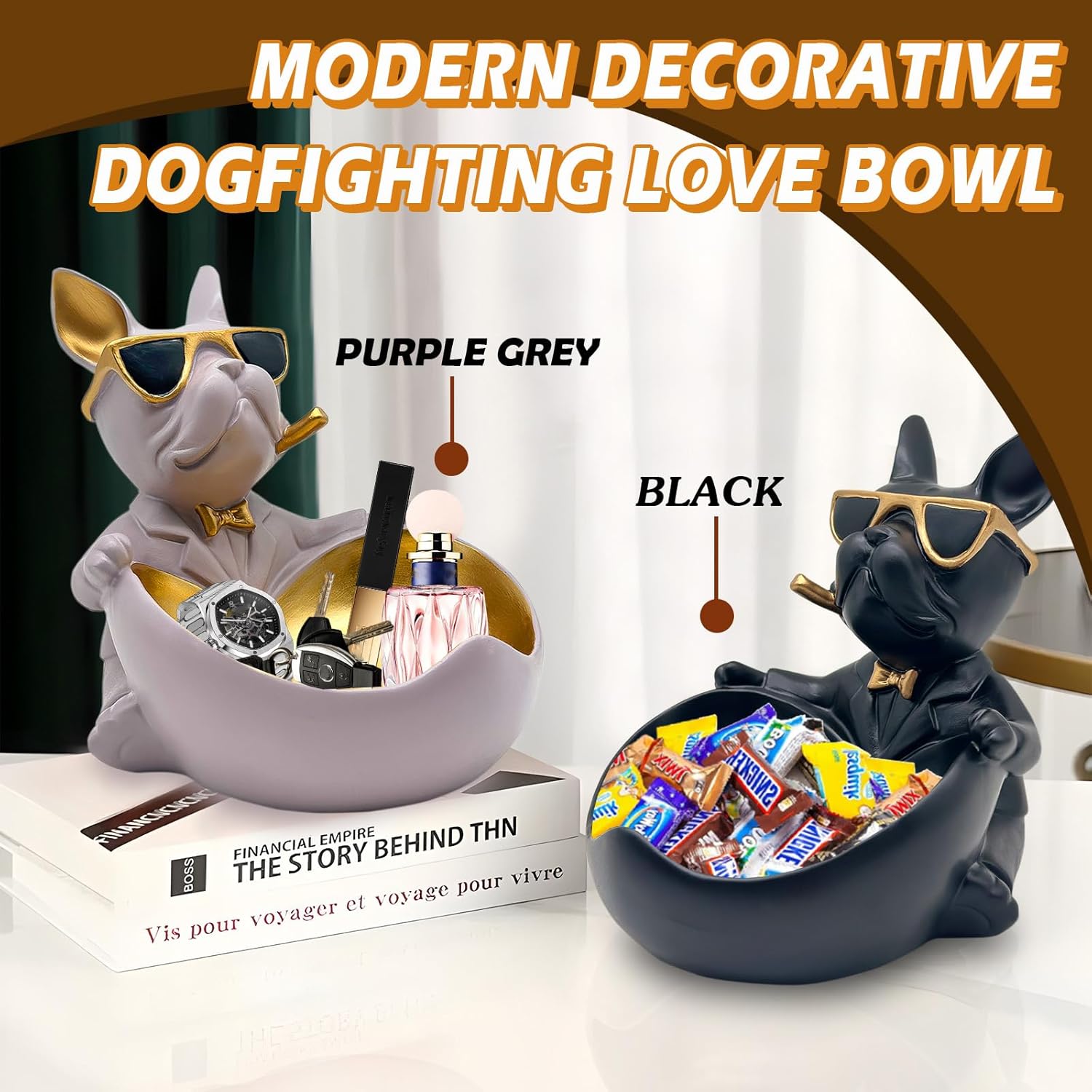 Bulldog Candy Bowl Decor, Heart-shaped Key Holder Bowl Candy Dish, Bulldog Accessories, Resin Bulldog Statue for Office Desk Home Decor Figurines Entryway Table Decor (Black) - Image 2