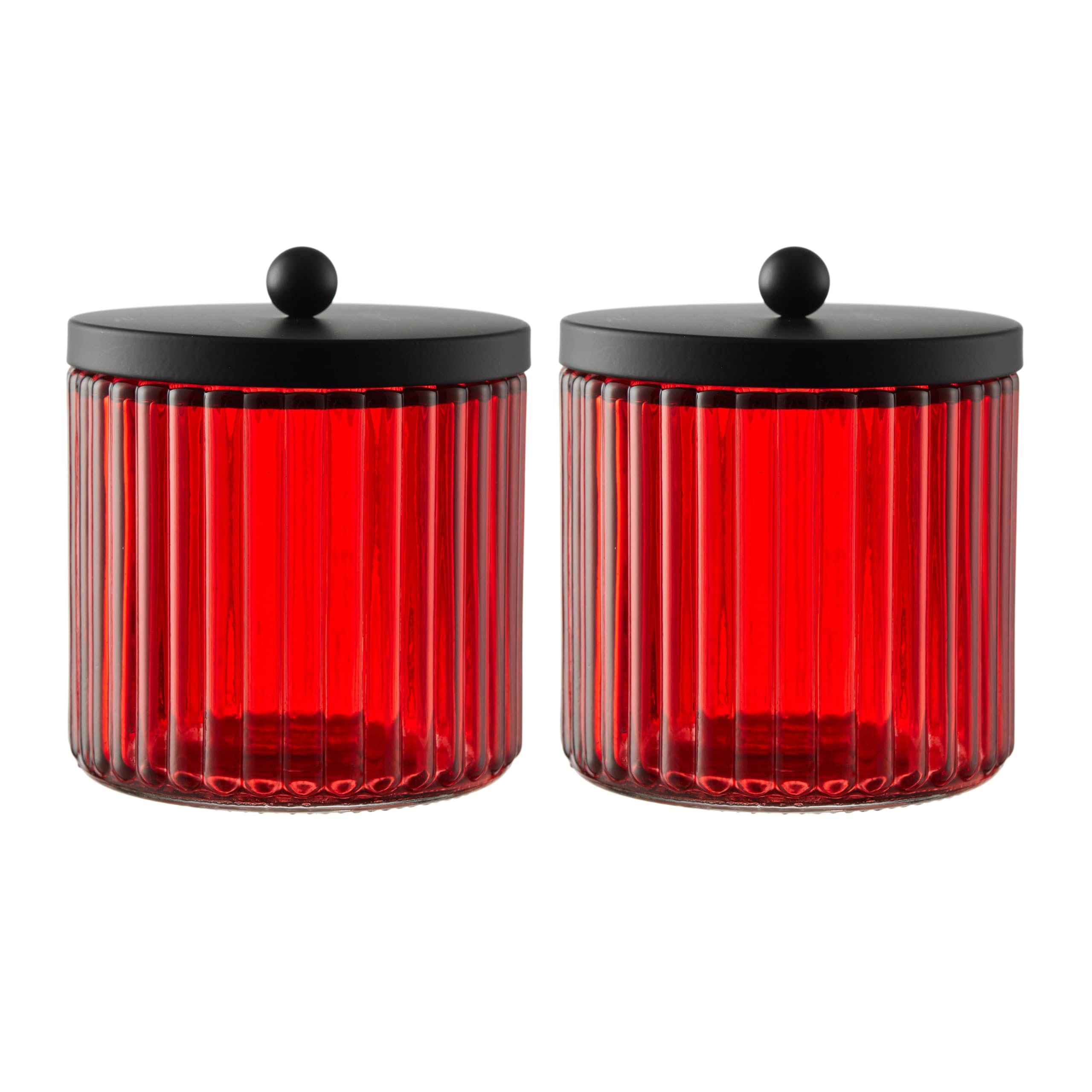 KMwaresKMwares 2-Pack Red Glass Bathroom Canister Set with Silver Metal Lids – Stylish, Airtight Storage for Cotton Balls, Swabs, Pads, and Floss Picks