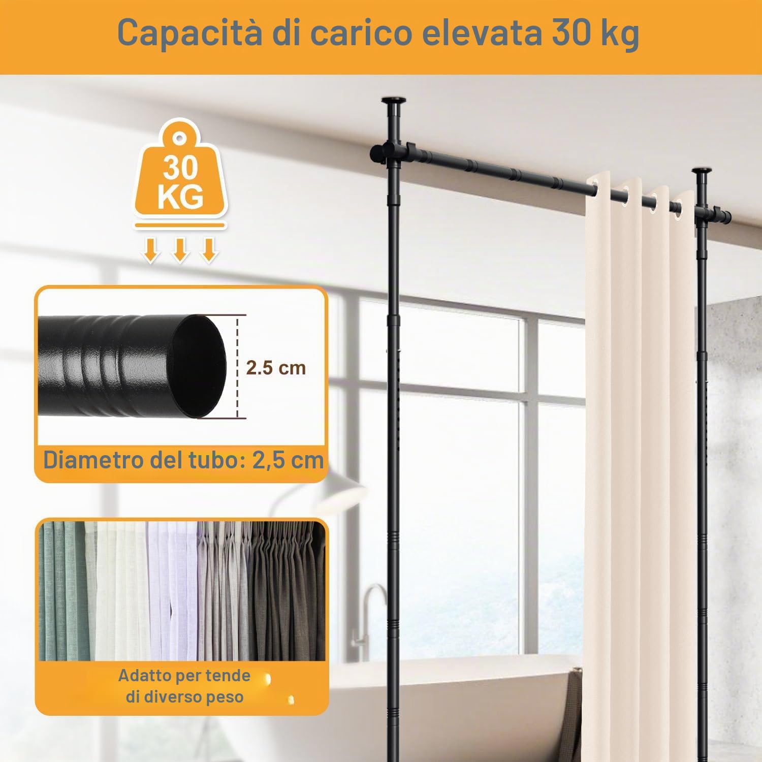 Divisorio senza foratura, asta per tende extra larga come paravento, divisorio indipendente senza tenda, larghezza 70-355 cm x altezza 122-305 cm, frangivista per soggiorno, camera da letto, ufficio