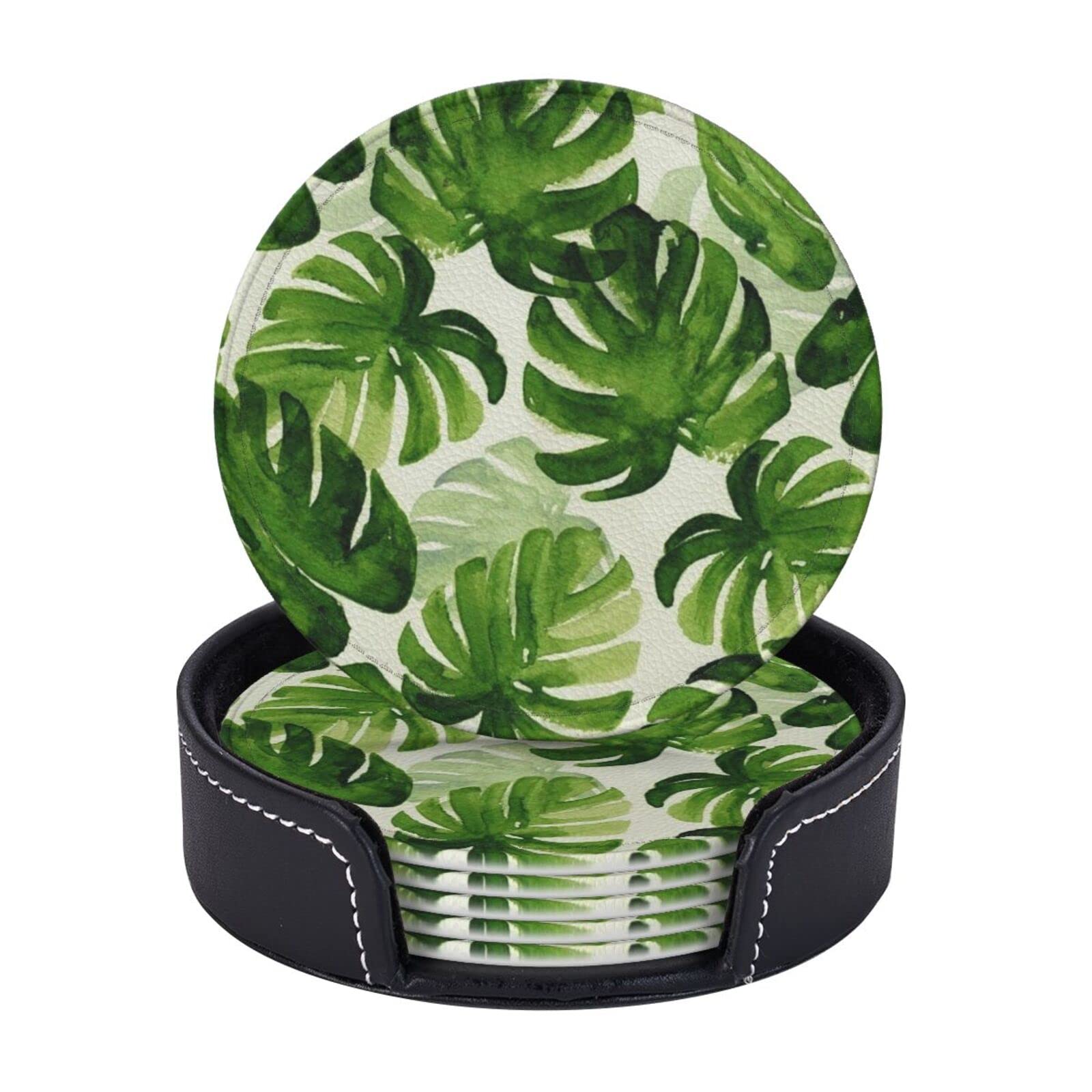 Rfshop #1401 Watercolor Tropical Monstera Leaves Print Leather Coasters For Drinks, Set Of 6 Coasters For Dining Room Decor