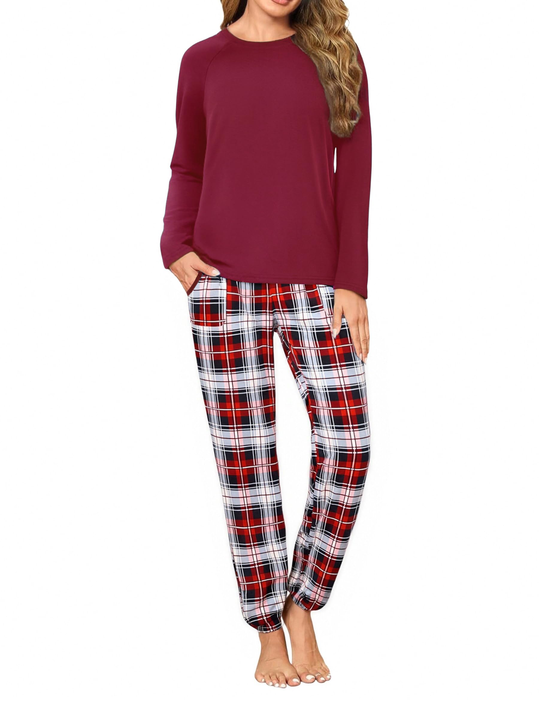 Uniexcosm Schlafanzug Damen Lang Zweiteiler Pyjama Set Rundhals Oberteil und Karierte Pyjamahose Herbst Winter Loungewear für Frauen
