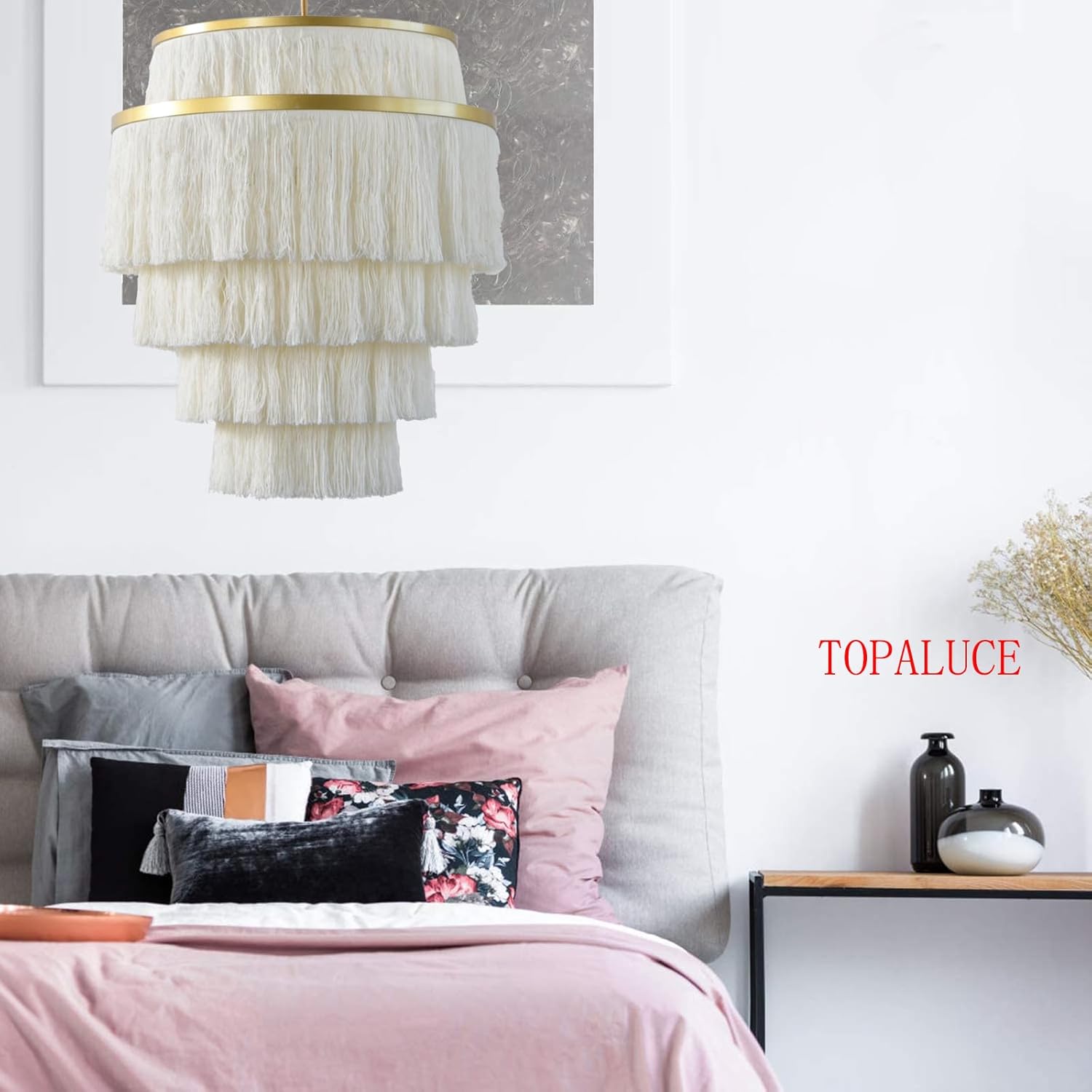 5-Tiered Boho Chandelier 3-Light White Fringe Pendant Hanging Light Fixture,Tassel Chandelier for Bathroom,Living Room,Entryway and Bedroom