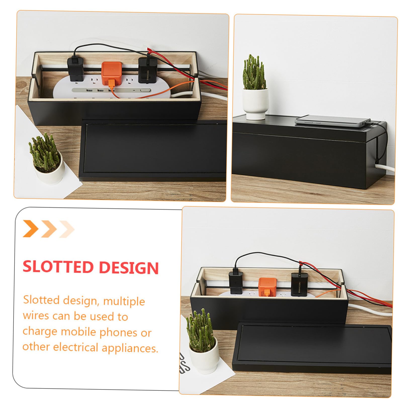 Amosfun Caja Organizadora para Cables y Enchufes Negra de Plástico Diseño Ranurado para Gestión Rápida en Hogar y Oficina