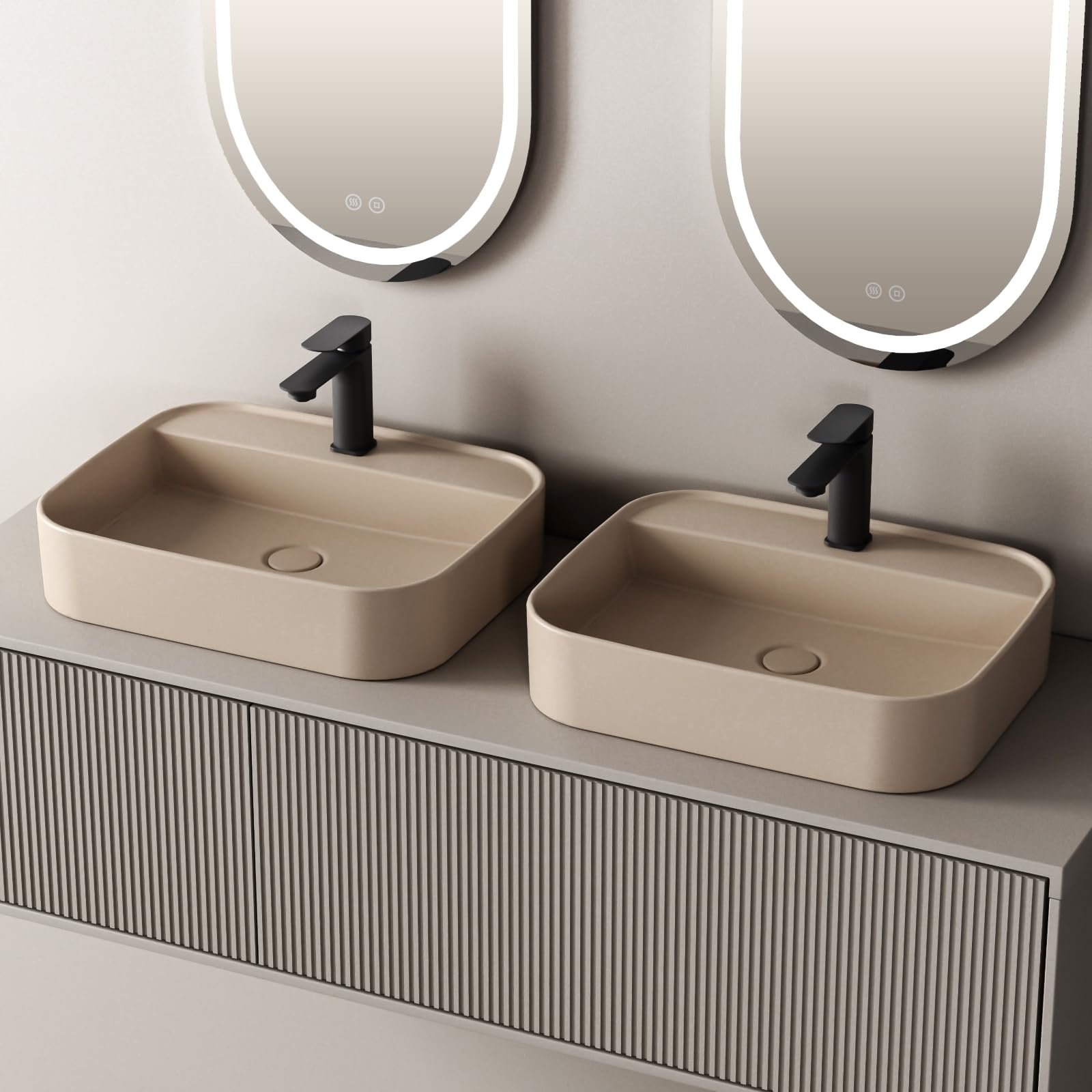 EMKE Lavabo de salle de bain - Lavabo à poser - Beige pâle mat - 60,3 x 40,1 x 11 cm - En céramique - Pour salle de bain et WC d'invités - Rectangulaire - Lavabo suspendu de qualité supérieure