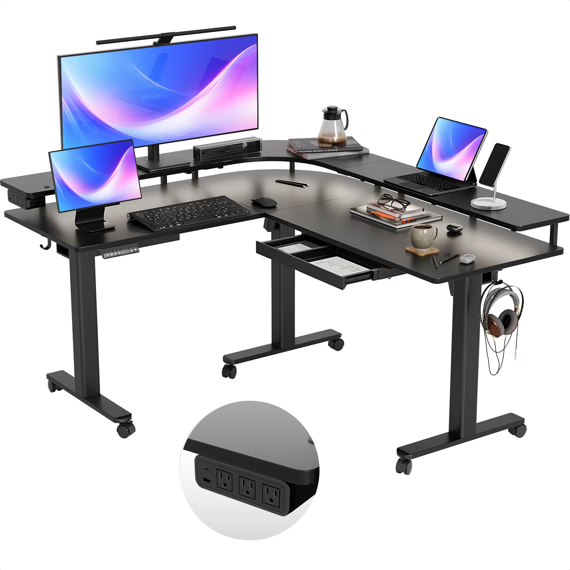 Claiks 63" L Shaped Standing Desk with Drawers and LED Lights, Height Adjustable Electric Corner Standing Desk with Monitor Stand & Power Outlet, 4