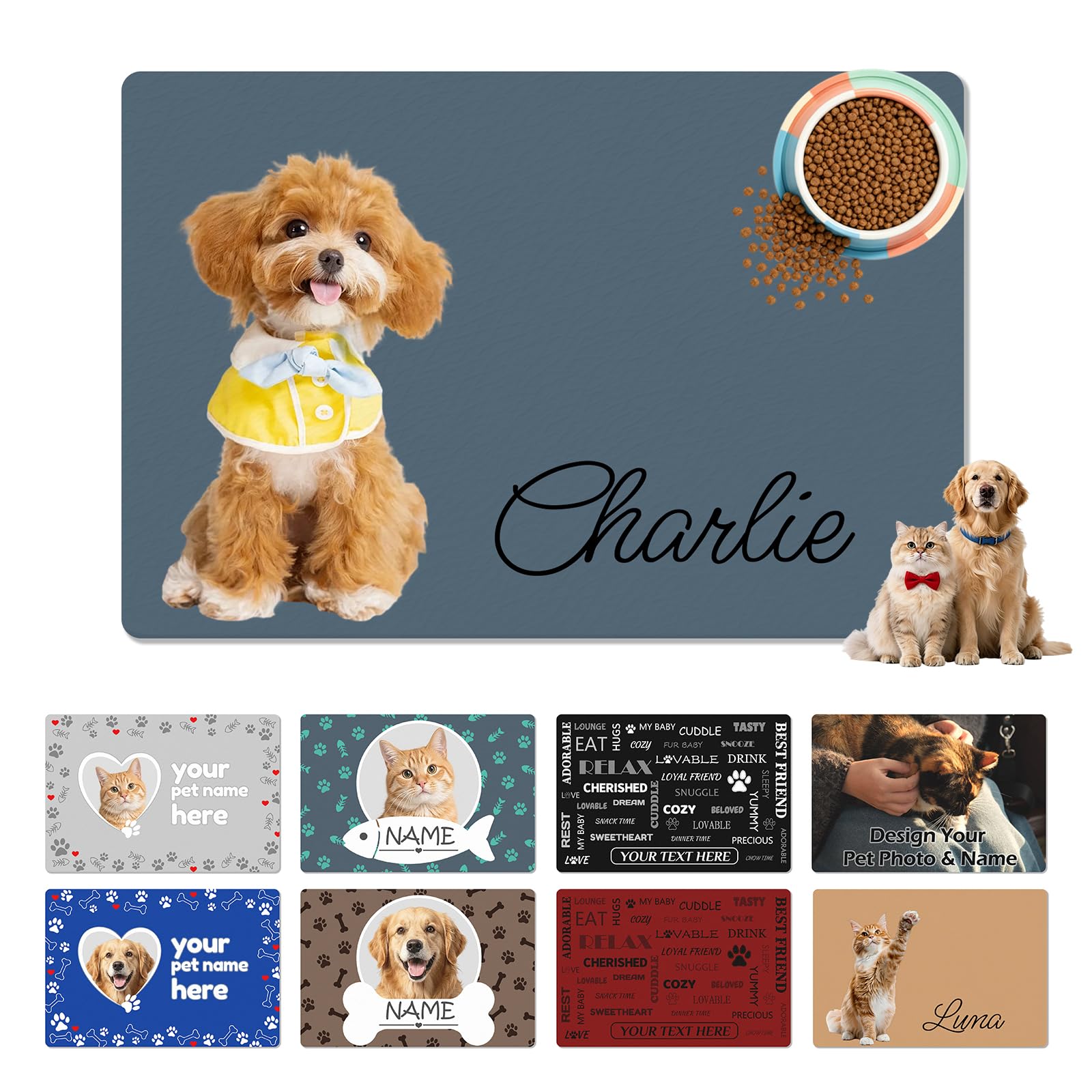 Personalised Pet Feeding Mat with Photo Text Customised Cat Mats for Food Bowls Custom Dog Bowl Mats Non Slip Rubber Backing Personalised Absorbent Dog Placemat Gifts for Pet Lovers Wipe Clean PU