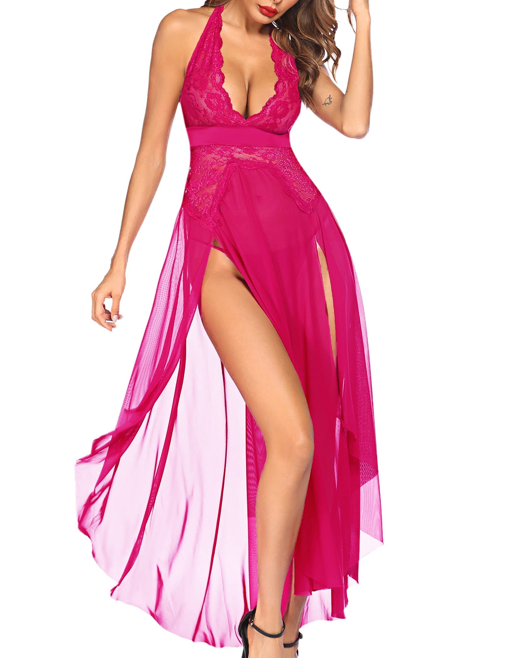 Women Lingerie Deep V Neck Nightwear One Piece Sexy Nightgowns Mosaic Lace Mesh Dress-image-36
