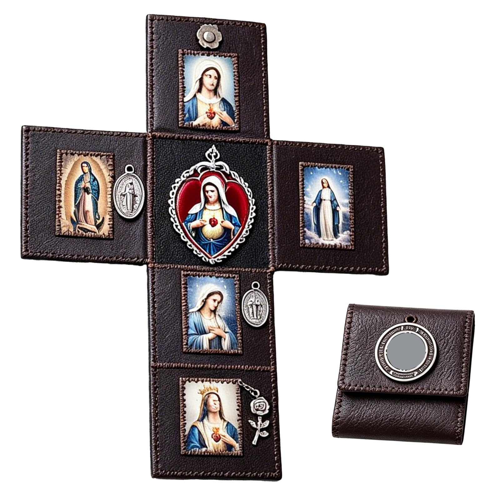 Portable Catholic Altar, Hand Folding Catholic Pocket Altar, Portable Devotional with Sacred Images and Religious Medals for Retreats, Travel and First Communion