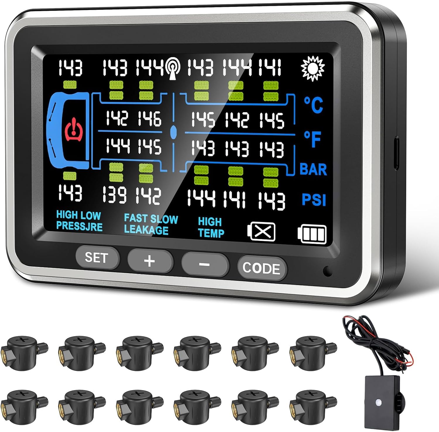 Tire Pressure Monitoring System 12 Sensors/4.5" Monitor with Flow-Thru Sensor 0-199PSI/6 Alerts/Signal Booster/RV TPMS for Trailer/Truck/Camper,No Removal Inflation