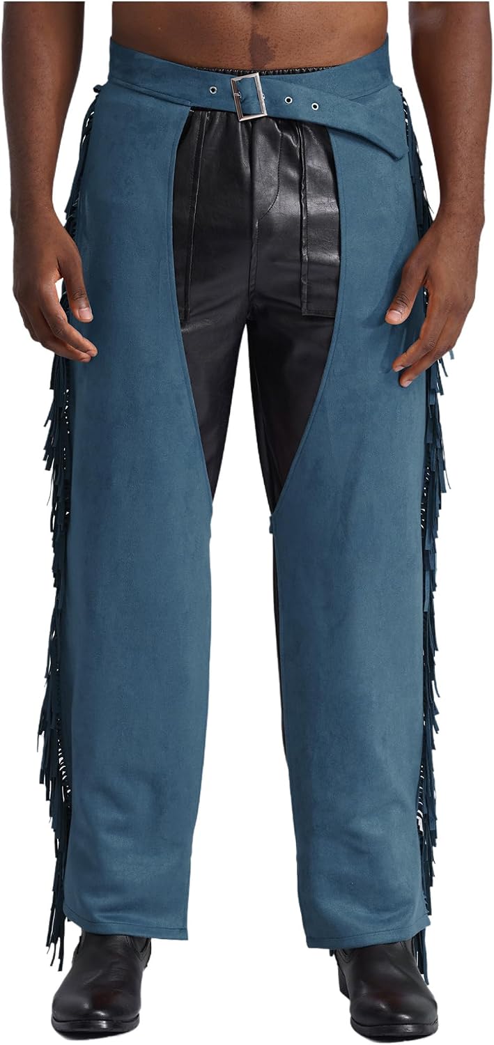 Freebily Mens Suede Fringe Cowboy Chaps Tassels Cowboy Western Pants Halloween Costume Outfits