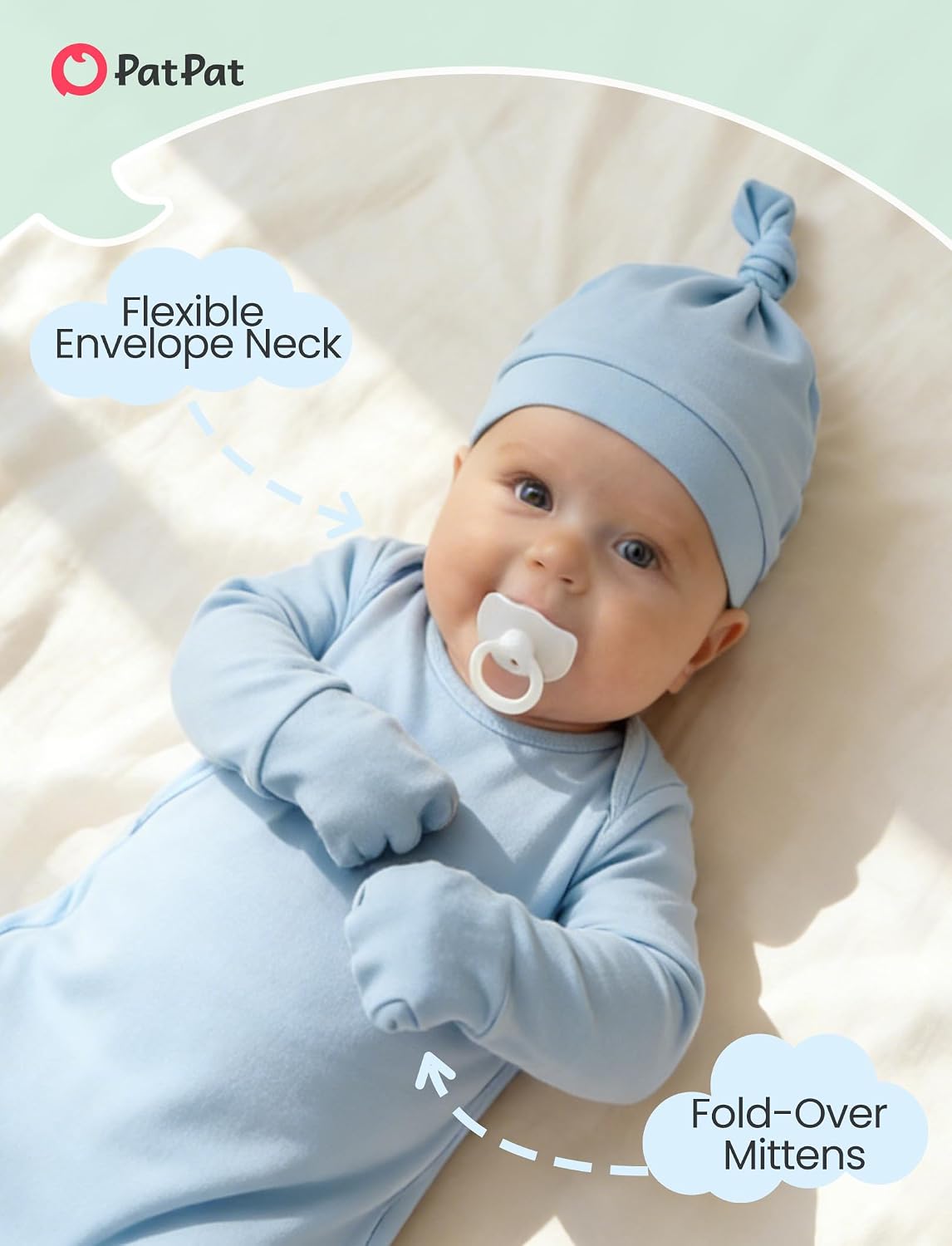 PATPAT Baby Sleeper Gown with Hat for Newborn, Knotted Baby Gown with Fold-Over Mittens for Infant Girl Boy Home Coming Gift