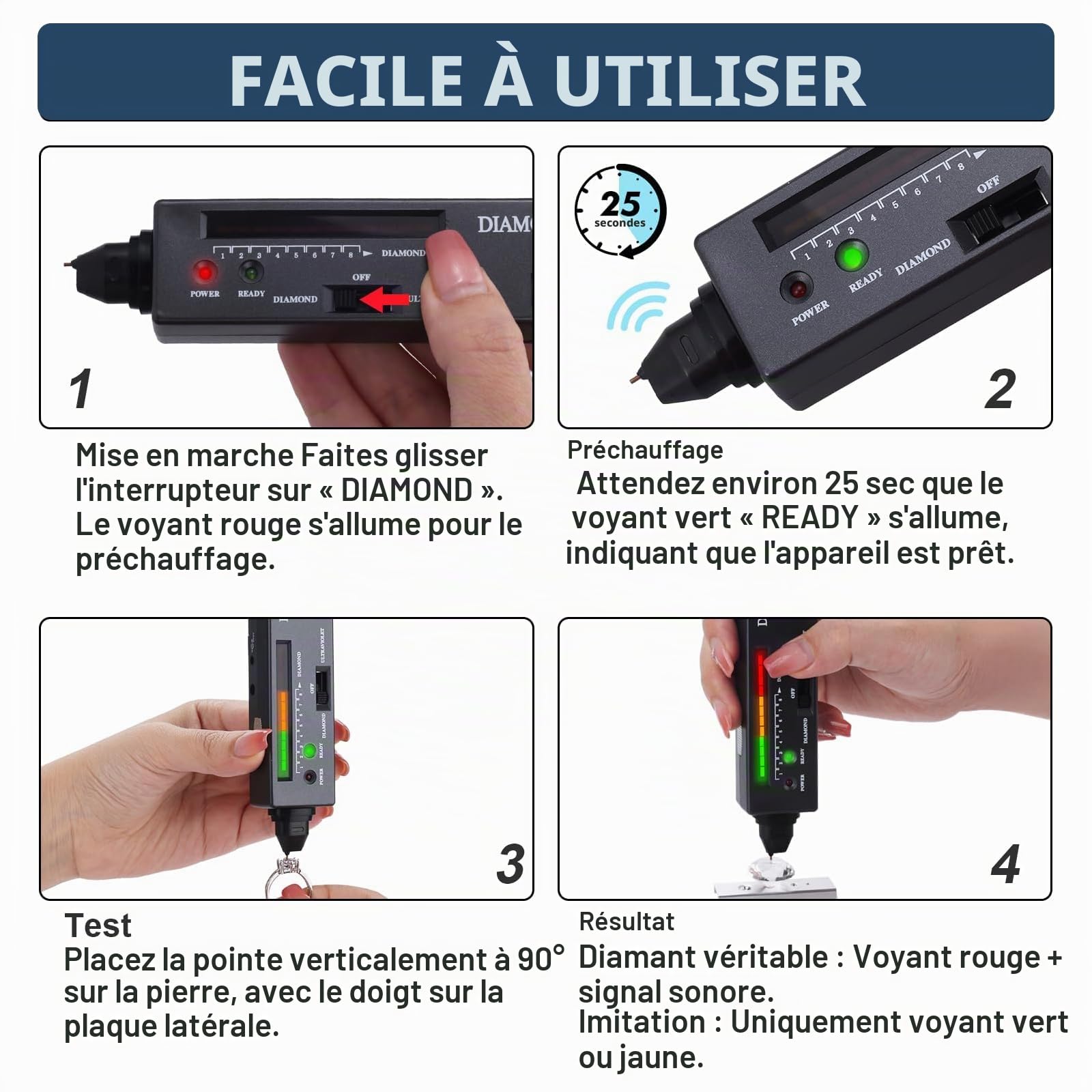Testeur de Diamants Stylo Professionnel - Testeur Bijoux Portable avec Capteur Thermique & Affichage LED, Détection Rapide 0,5s pour Expertise Bijoux, Test Or & Vérification Gemmes, Inclut