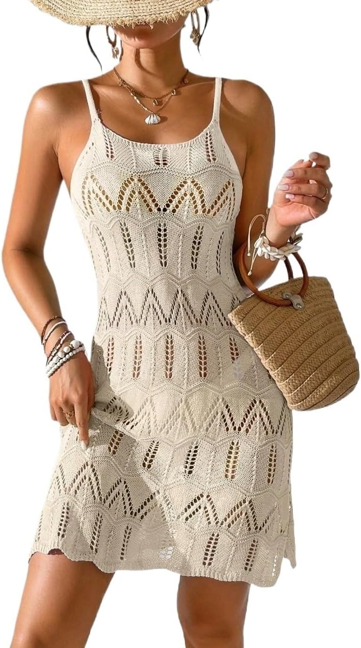 Women's Summer Beach Dress, Colorblock Hollow-Out Knit cover ups for swimwear