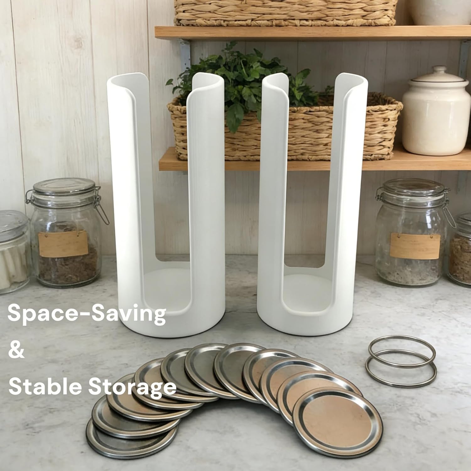 LXLO 2 PCS Jar Lid Organizer for Mason, White Lid Storage Rack for Mason Wide & Regular Mouth Jars, Stackable Countertop & Cabinet Organizer, Fits Metal & Plastic Canning Lids