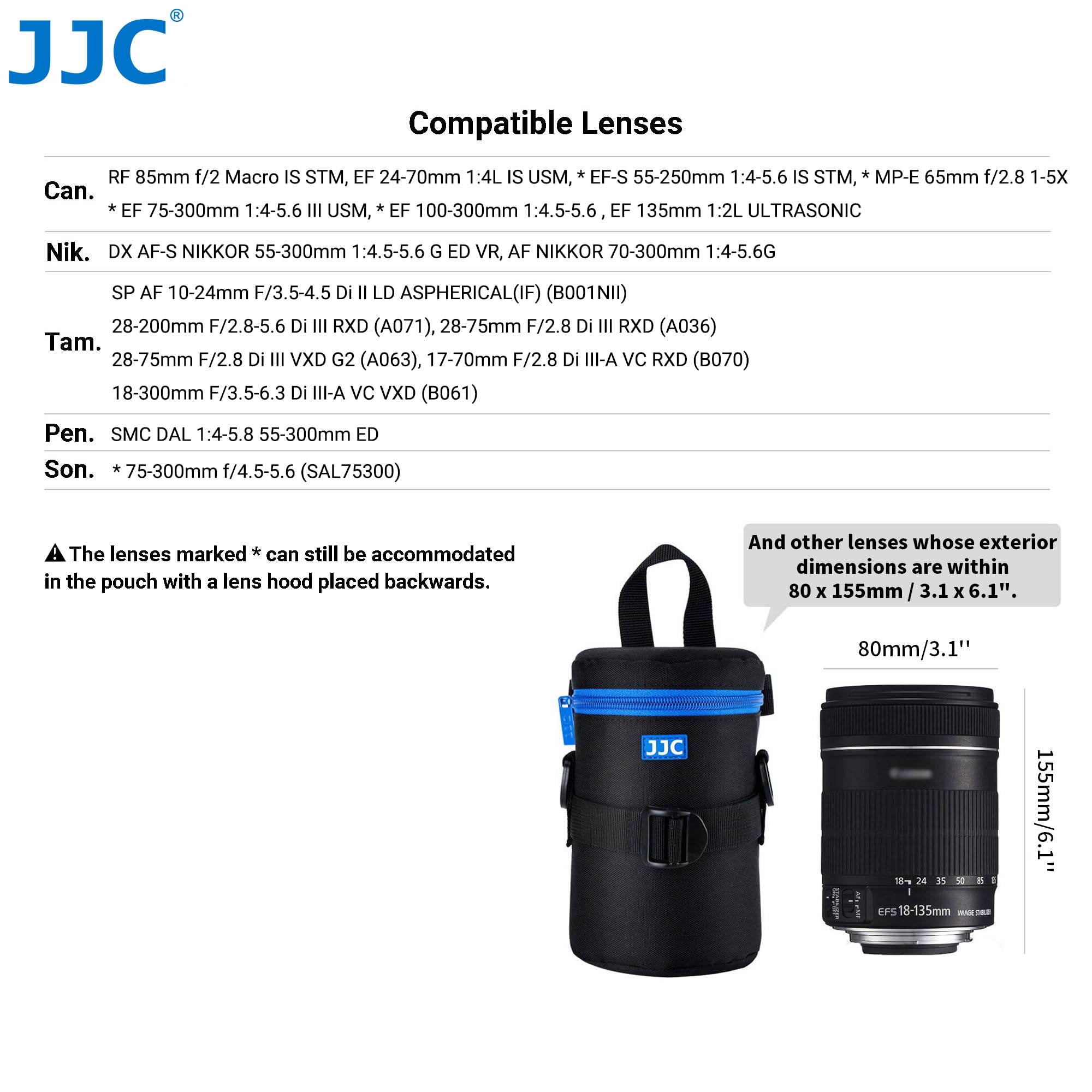 JJC Impermeabile Sacchetto per Lenti Deluxe con Tracolla Misura il Diametro Dell'obiettivo e l'altezza Inferiore a 80 x 155mm (3.1 x 6.1”) (Vedi Descrizione per la Compatibilità)