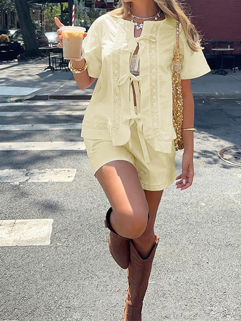 Women Summer 2 Piece Sets Short Short Sleeve Tie Front Tops and Shorts Cotton Pajamas Lounge Set - Image 5