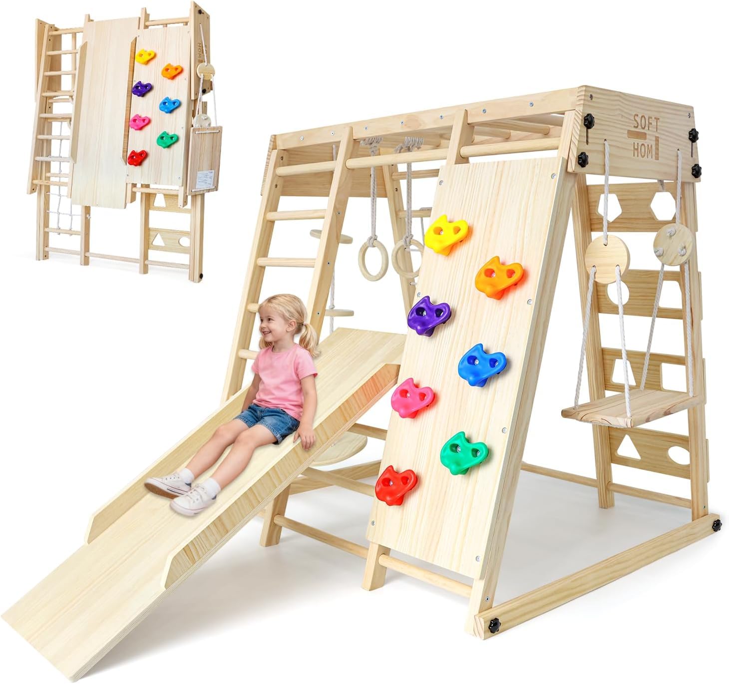 Klettergerüst Indoor, Groß&Klappbar, 12 in 1 Montessori Indoor Spielplatz für Kinder, Multifunktional Kletterausrüstung mit Rutsche/Schaukel/Kletterdreieck/Kletternetz, Kinderzimmer, Natur