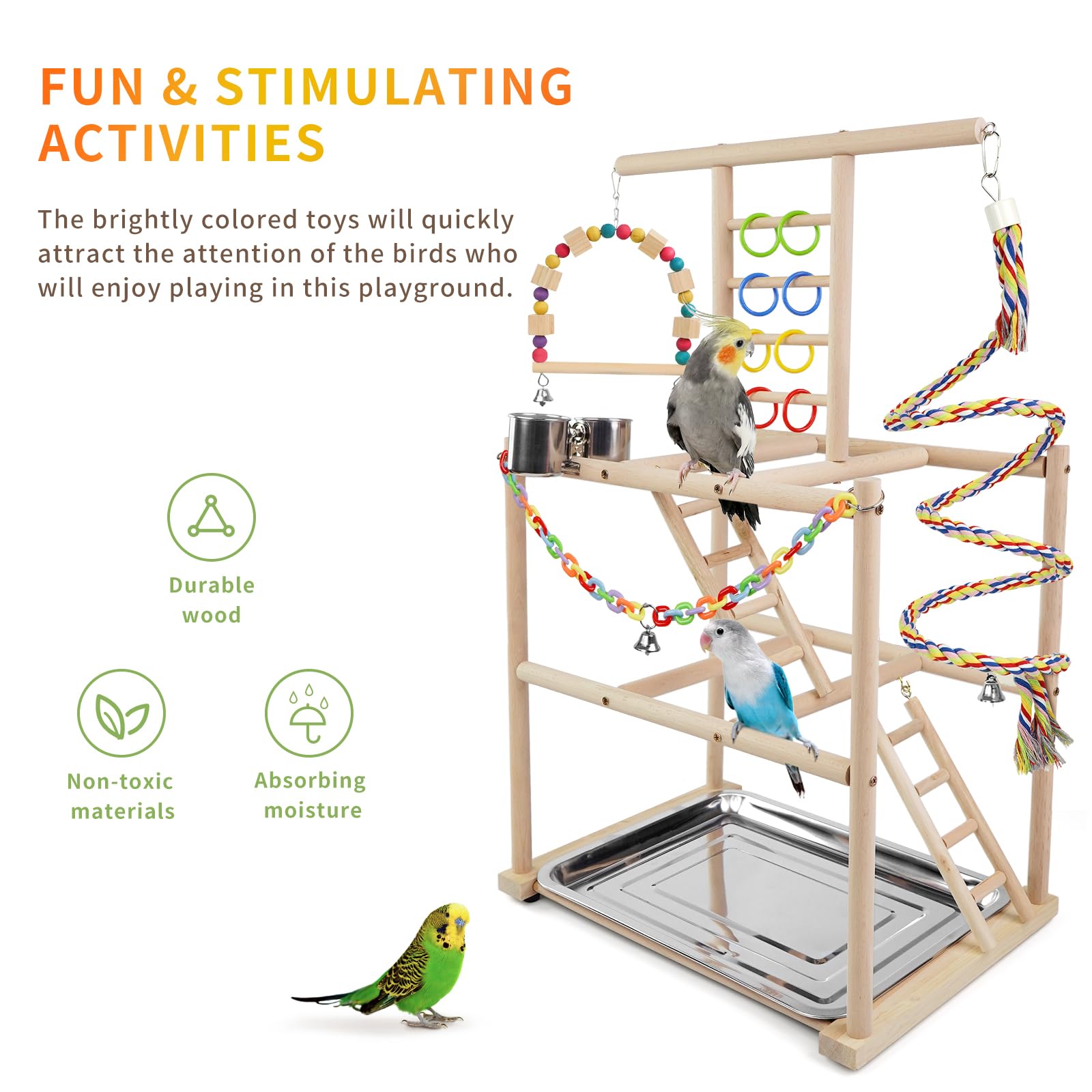 Bird Playground, Parrots Playstand for Small to Medium Birds, Perch Stand with 3 Ladders Playgym with Rope Perch, Swings Feeder Cups Bird Cage Accessories for Conure Cockatiel Lovebirds - image 3