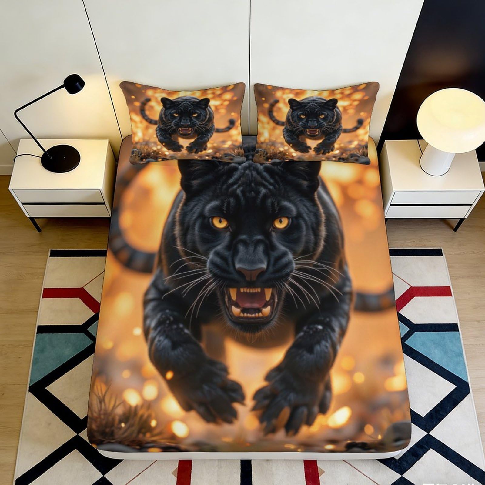 3D Printed Black Panther Fitted Sheet Microfiber Soft Breathable Wild Animal Mattress Cover for Bedroom Dormitory Guest Room Protection Decor 160x200x25cm