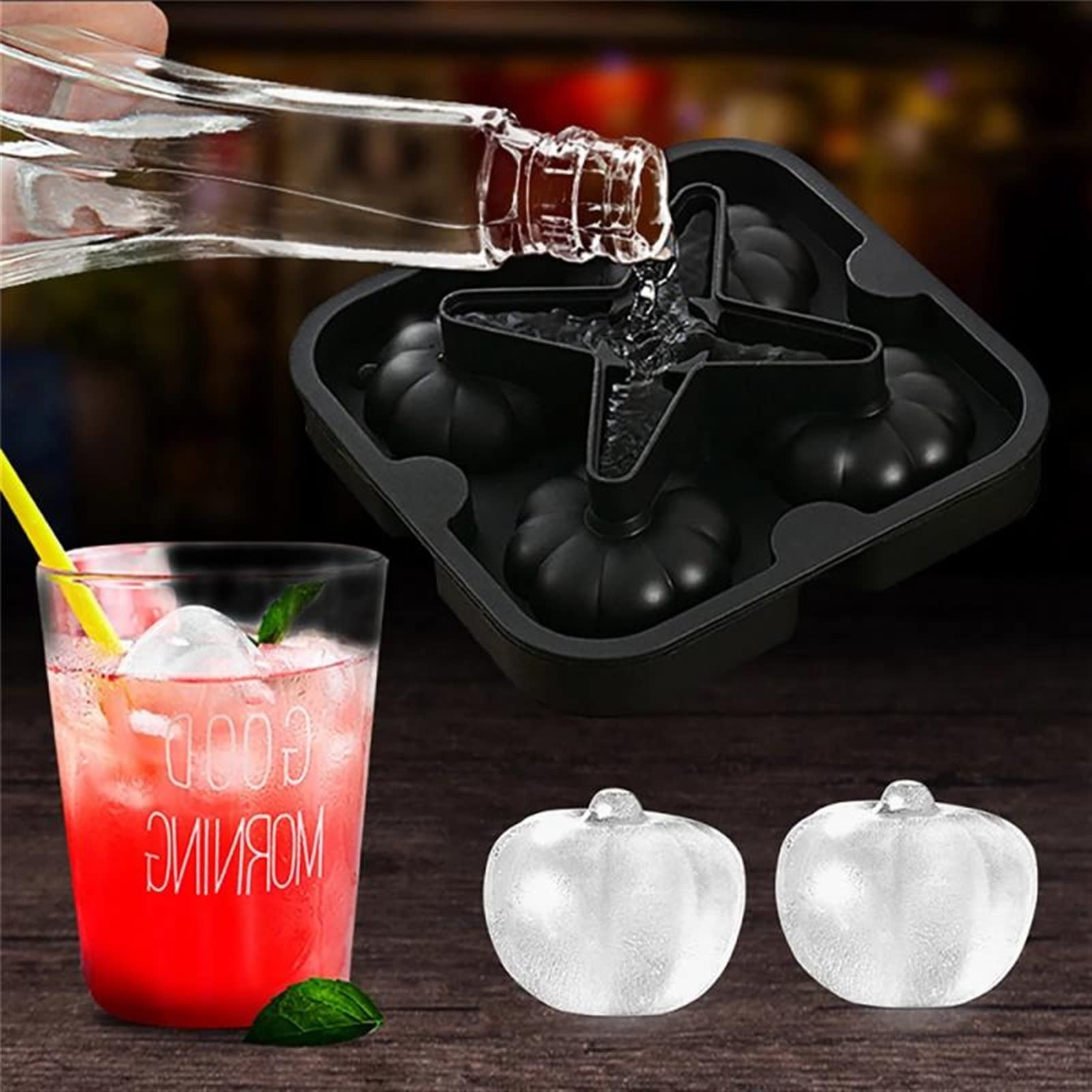 Vassoio per cubetti di Ghiaccio in Silicone a 4 cavità - A Forma di Zucca - Perfetto per Gelato, caffè, Whisky e Cocktail - Strumento da Cucina per preparare Palline di Ghiaccio - (Colore: