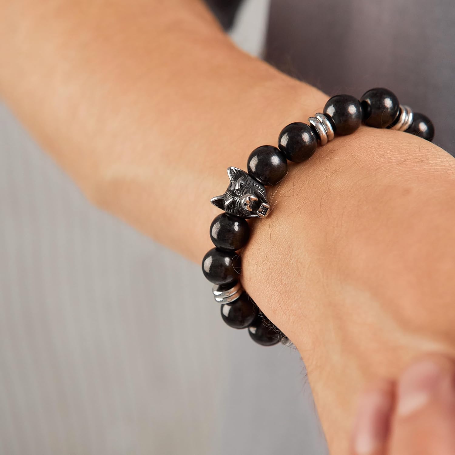 Karelian Heritage Shungite Stone Beaded Bracelet, Handmade for Men, Natural Stones and 7.3 Inch Elastic Stretch Band, Spiritual Chakra Crystal Healing Jewelry