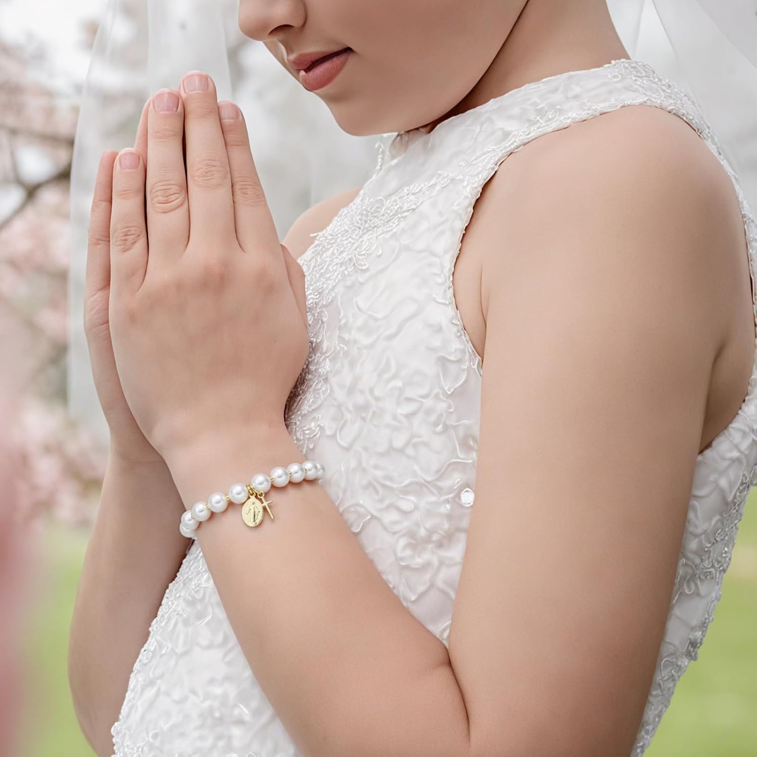 Initial First Holy Communion Confirmation Baptism Bracelets Gifts for Women Girls, Catholic First 1st Communion 14K Gold Pearl Cross Charm Bracelet Personalized A-Z for Goddaughter Niece - Image 3