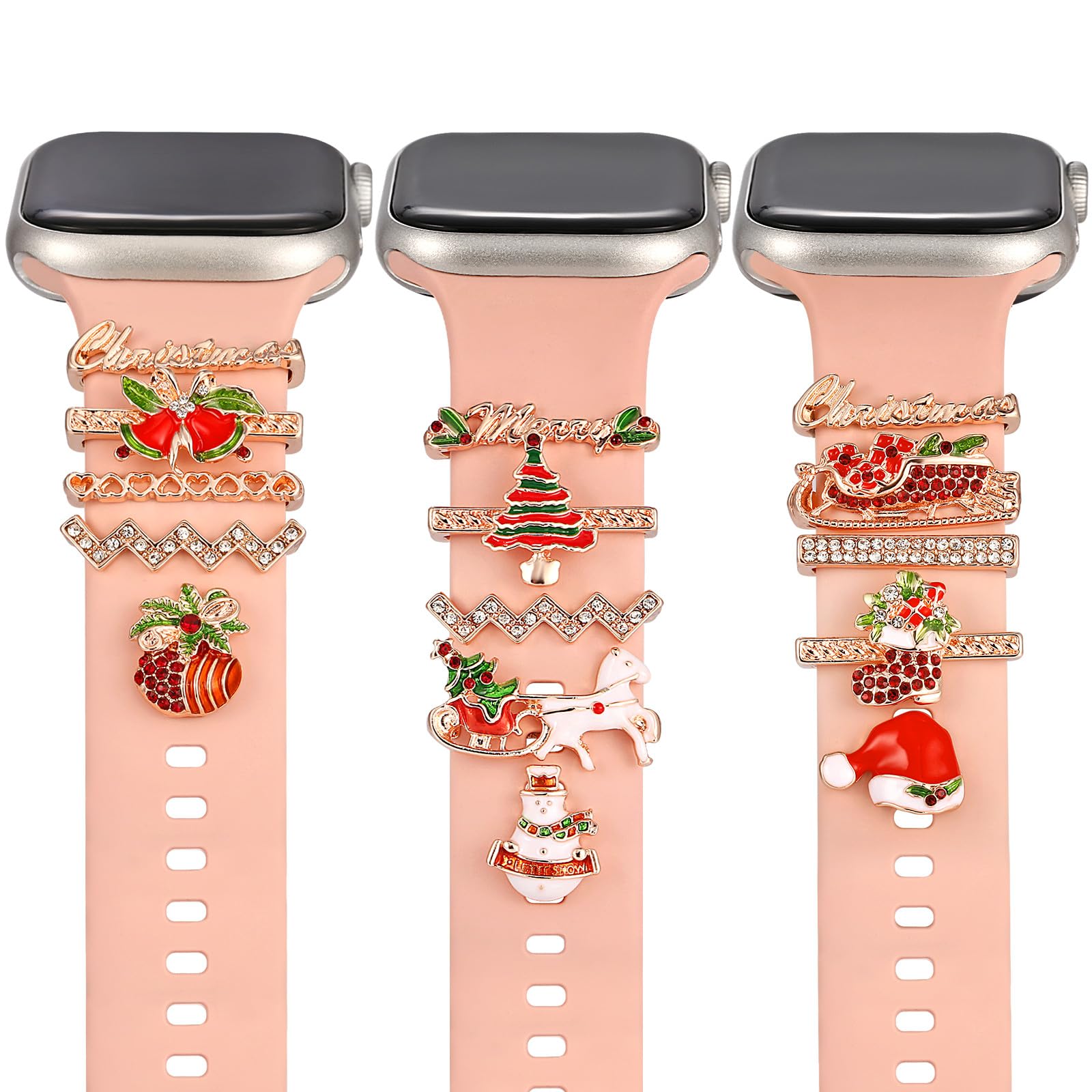 Greaciary christmas watch charms with 12pcs Decorative ring Loops 3pcs watch stud,metal Diamond Sliding Strap Accessories Compatible with Apple watch