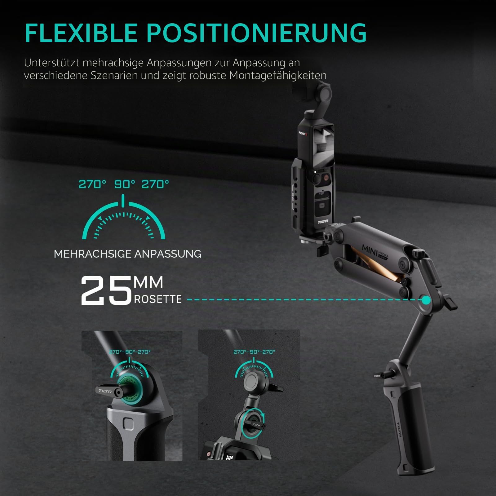 Tilta Hydra Alien Mini Stoßdämpfer mit elektronischem Saugnapf, kompatibel mit DJI Pocket 3, Action 3/4, Insta360 X4/X3 und iPhone, HDA-T15-A-TG