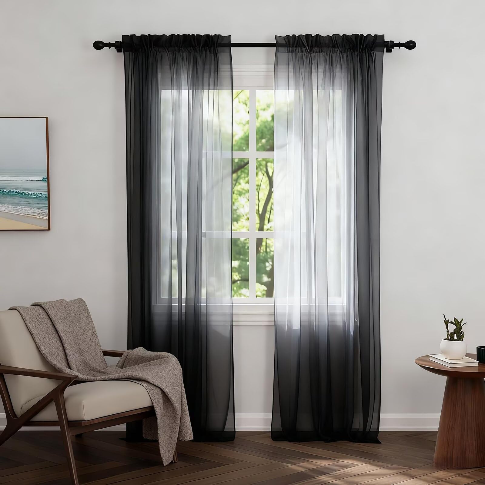 Zdada Net Curtains for Windows 108 Drop, Black Slot Top Voile Curtains, Semi Transparent Sheer Curtain Net Curtain Panel for Living Room Kitcken W60xL108 Inch,2 Panels