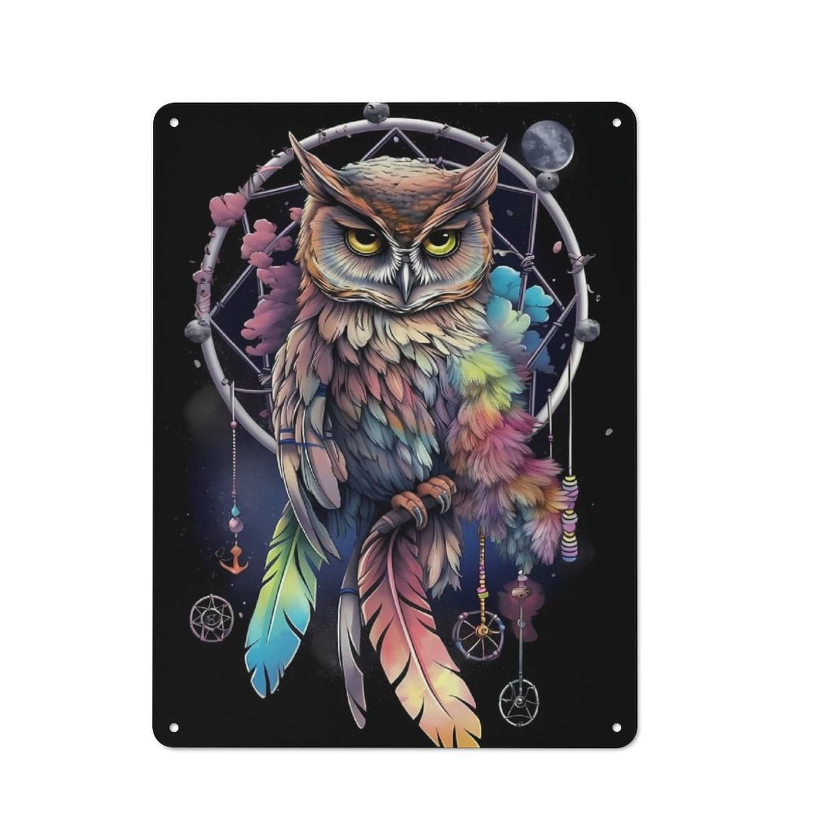 Metal Wall Sign 40x30cm Featuring Dreamcatcher Mandala Owl for Living Room Wall, for Metal Sign Collectors, for Garage And Workshop Walls