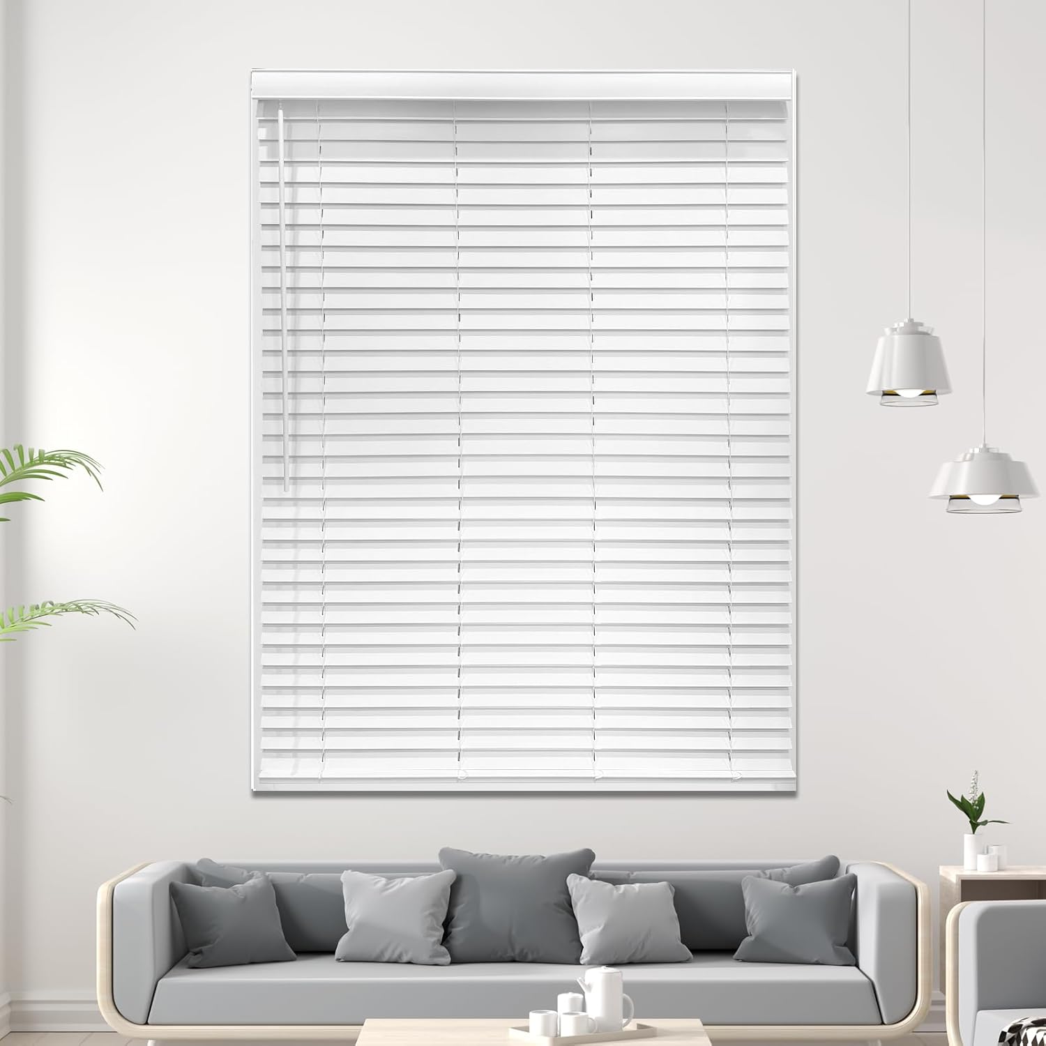 Cordless Faux Wood Blinds 47" W x 40" H, 2 Inch Slat Horizontal Windows Blinds with Double Arc Valance, Room Darkening, White Blinds for Home Interiors. 47"W x 40"H