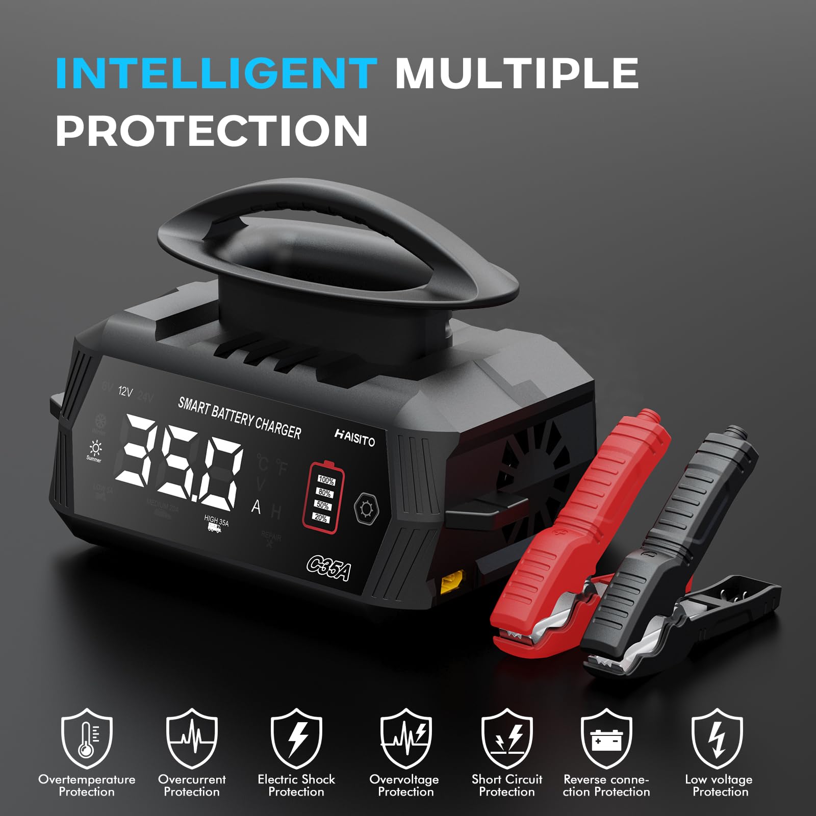Haisito Caricabatterie C35A per batterie auto, 6V/12V/24V per auto, moto, tosaerba, barca, litio, LiFePO4 e acido piombo (AGM, gel, MF, EFB, SLA, VRLA.