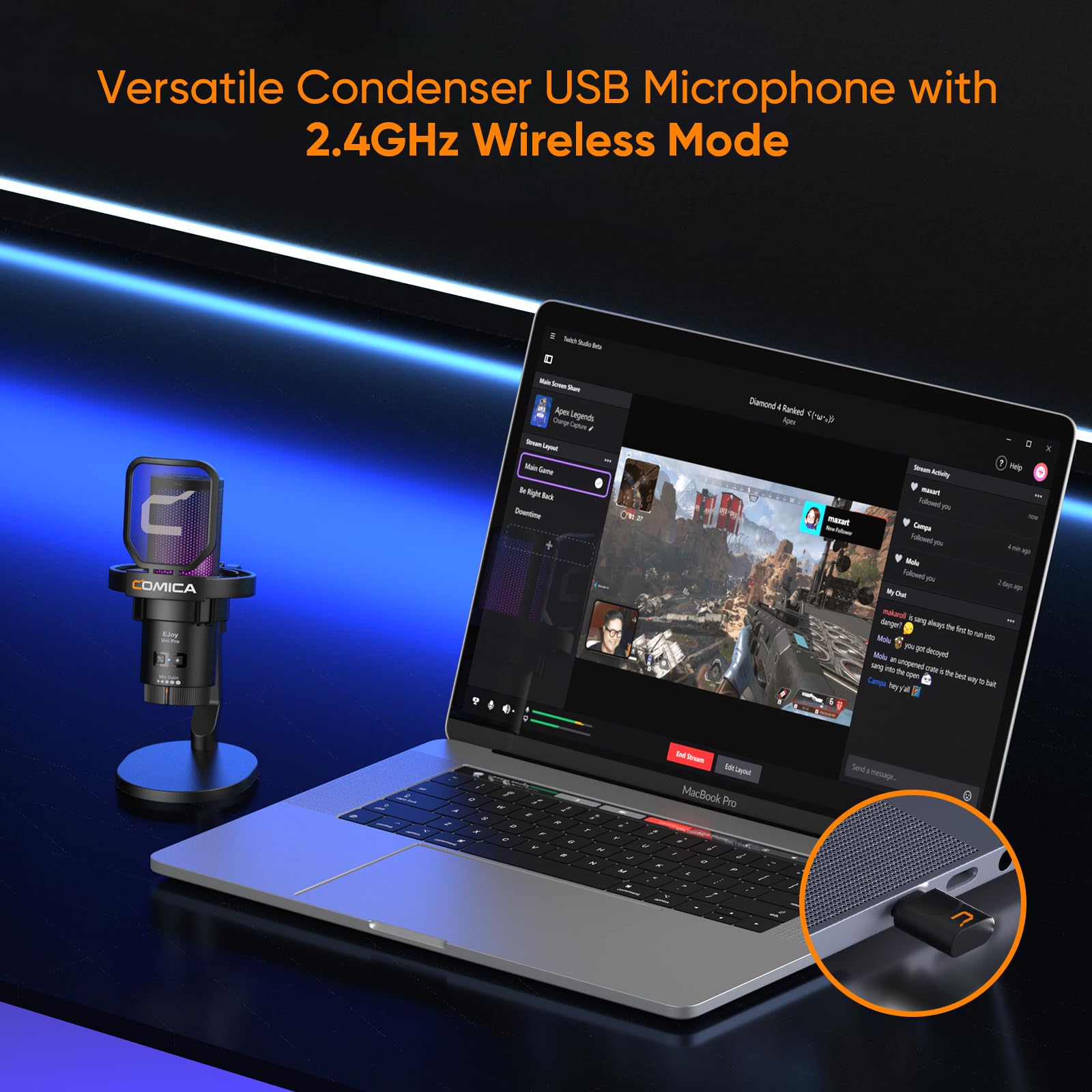 COMICA EJoy Uni Pro Kabellos USB Mikrofon PC, Gaming Mikrofon für Streaming Podcast Studio, PS4/PS5/MAC, Microphone Pc mit Geräuschunterdrückendes, RGB-Steuerung, Stummschaltung, Gain Regler-Black