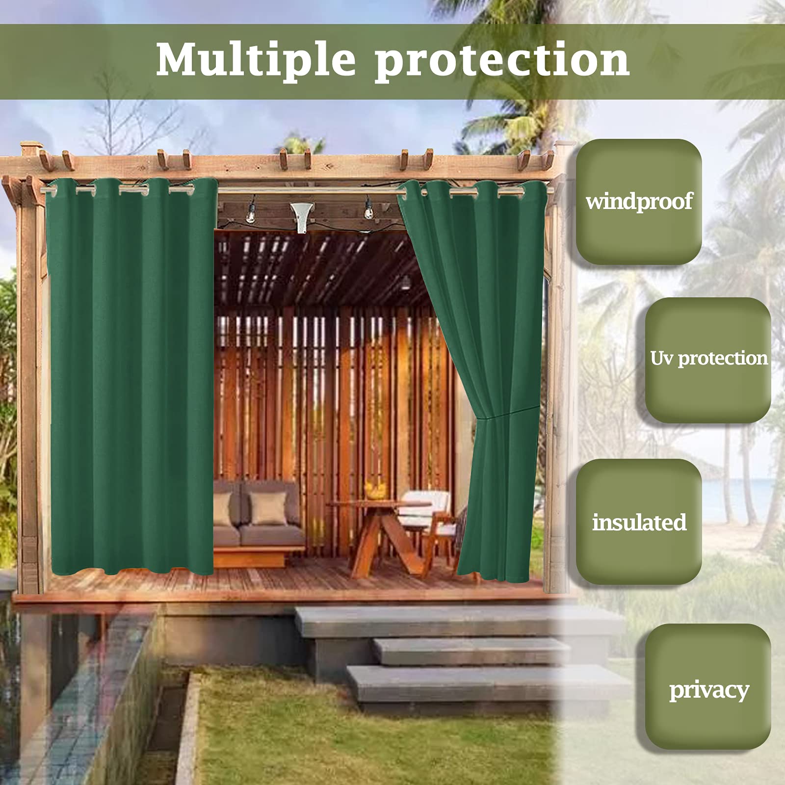 ele ELEOPTION Outdoor Vorhänge Wasserabweisend, UV Schutz Outdoor Vorhang mit Ösen,Winddicht Blickdicht Vorhang Innen und Außen Gardinen für Garten Hof Balkon (Dunkelgrün, 1 Stücke/ 254 X 274CM)