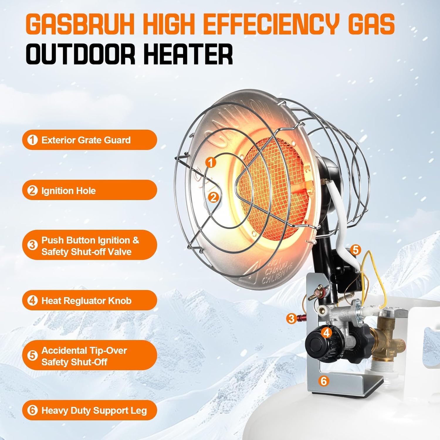 gasbruh single tank top propane radiant heater with windproof lighter,18,000 btu portable propane heater with 3 heating modes, tip-over switch and shut-off valve for camping, patio, backyard, rv small