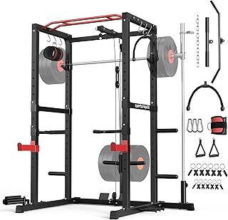 Sportsroyals Power Rack, Multi-Functional Power Cage with LAT Pulldown Pulley System, Squat Rack with More Training Attach...