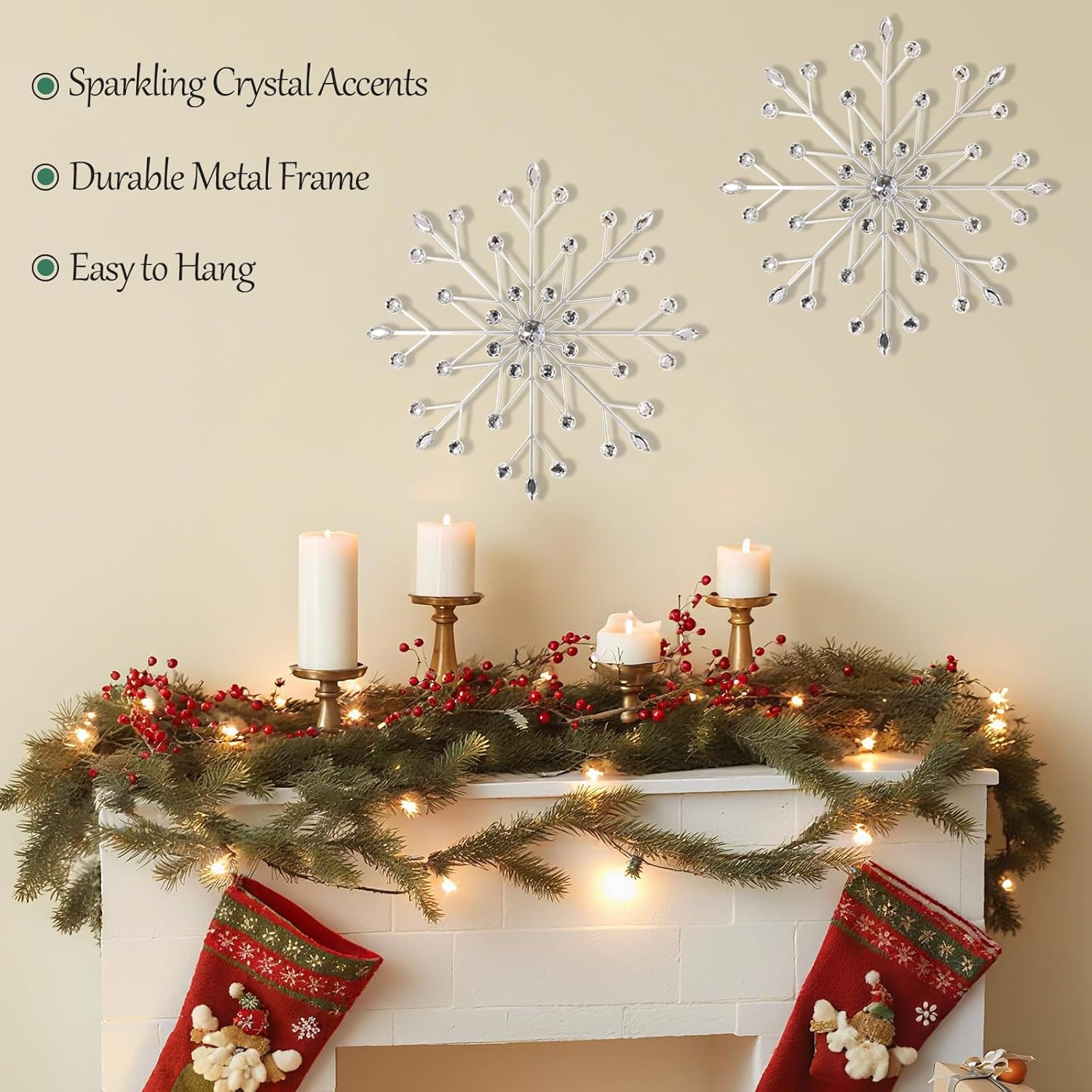 SIYIKRYP Set of 3 Snowflake Metal Wall Art Decor – 11.8" Starburst Wall Sculpture with Silver Crystal Accents, Modern Hanging Decoration for Living Room, Bedroom & Holiday