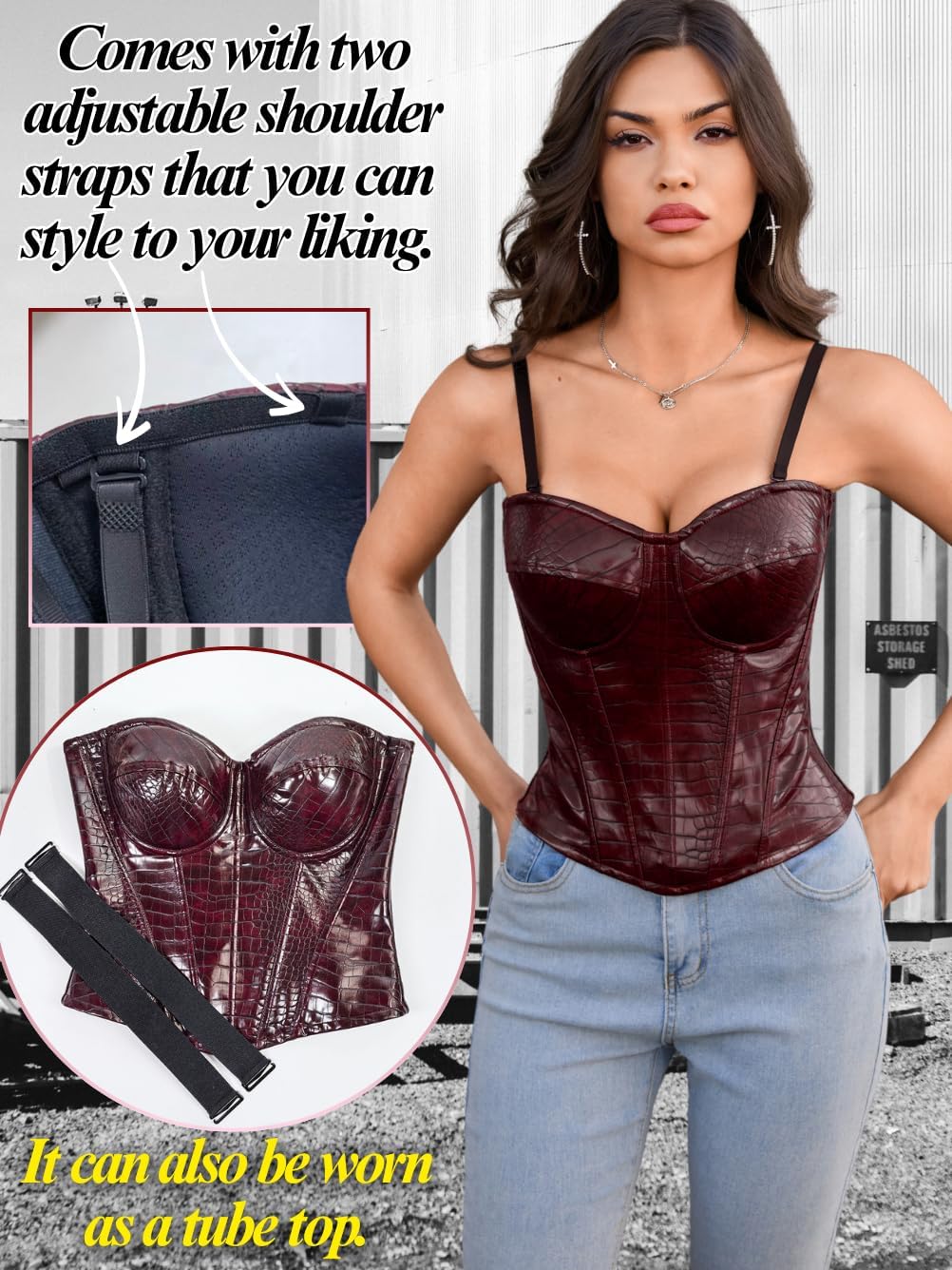 Womens Sexy Corset with 2 Straps (Wide & Thin), Boned Underwire Zipper, Overbust Bustier Rave Tube Top Size 00-10 - Image 7