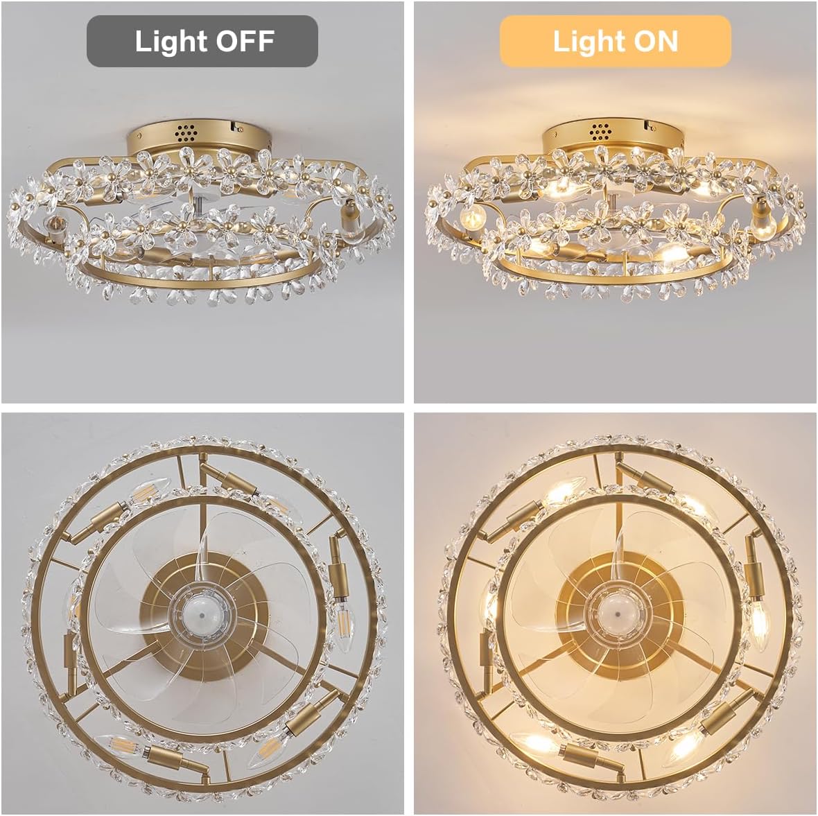 20" Chandelier Fan Bladeless Ceiling Fan with Light, Boho Fandelier Caged Ceiling Fans with Lights and Remote, Modern Flower Ceiling Fan with Light for Girl's Bedroom, Living Room