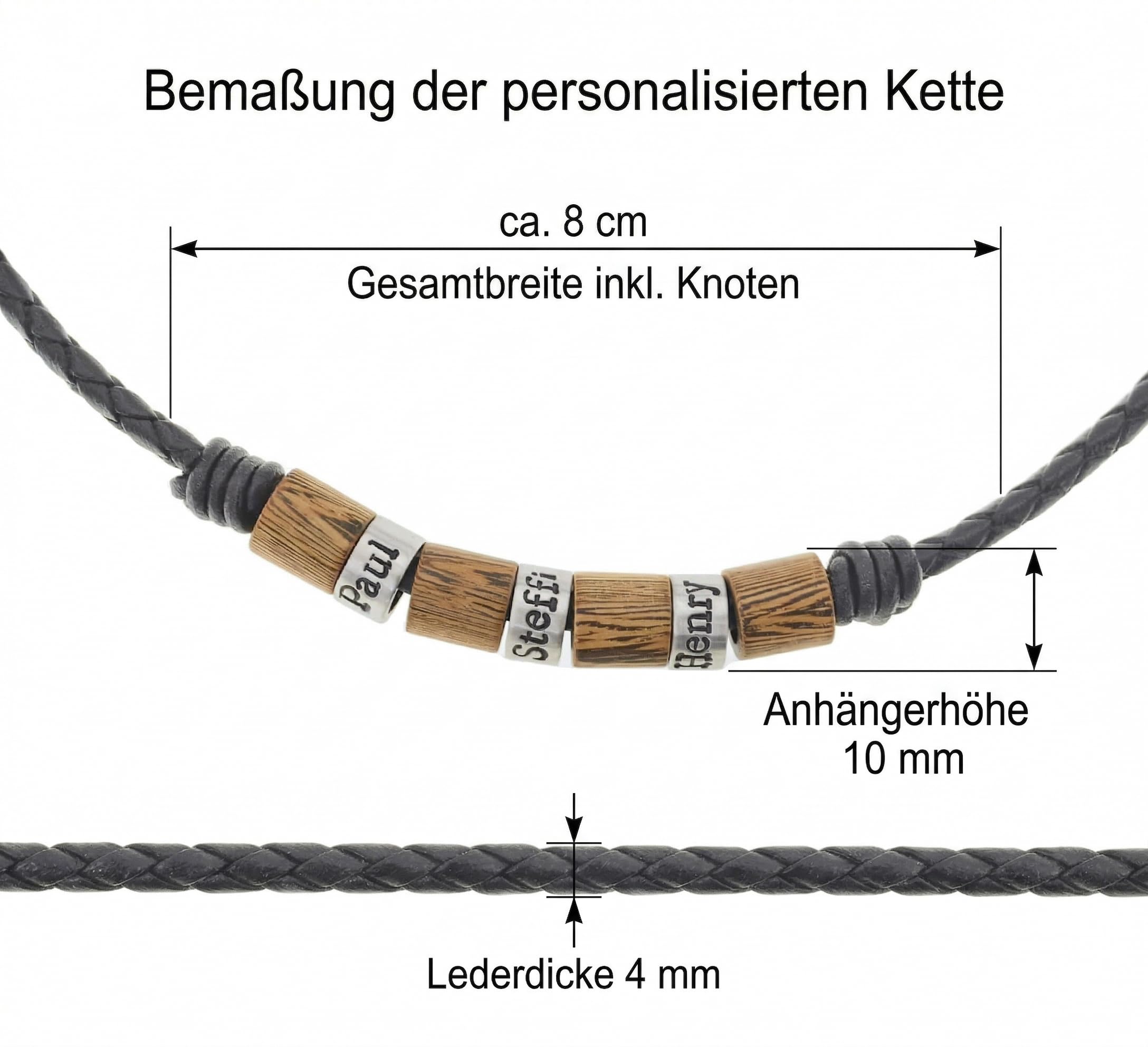 Personalisierte lederkette herren mit gravur namen kette aus leder mit 3 anhängern individuell wählbar geschenk für männer mit holzperlen und edelstahl elementen
