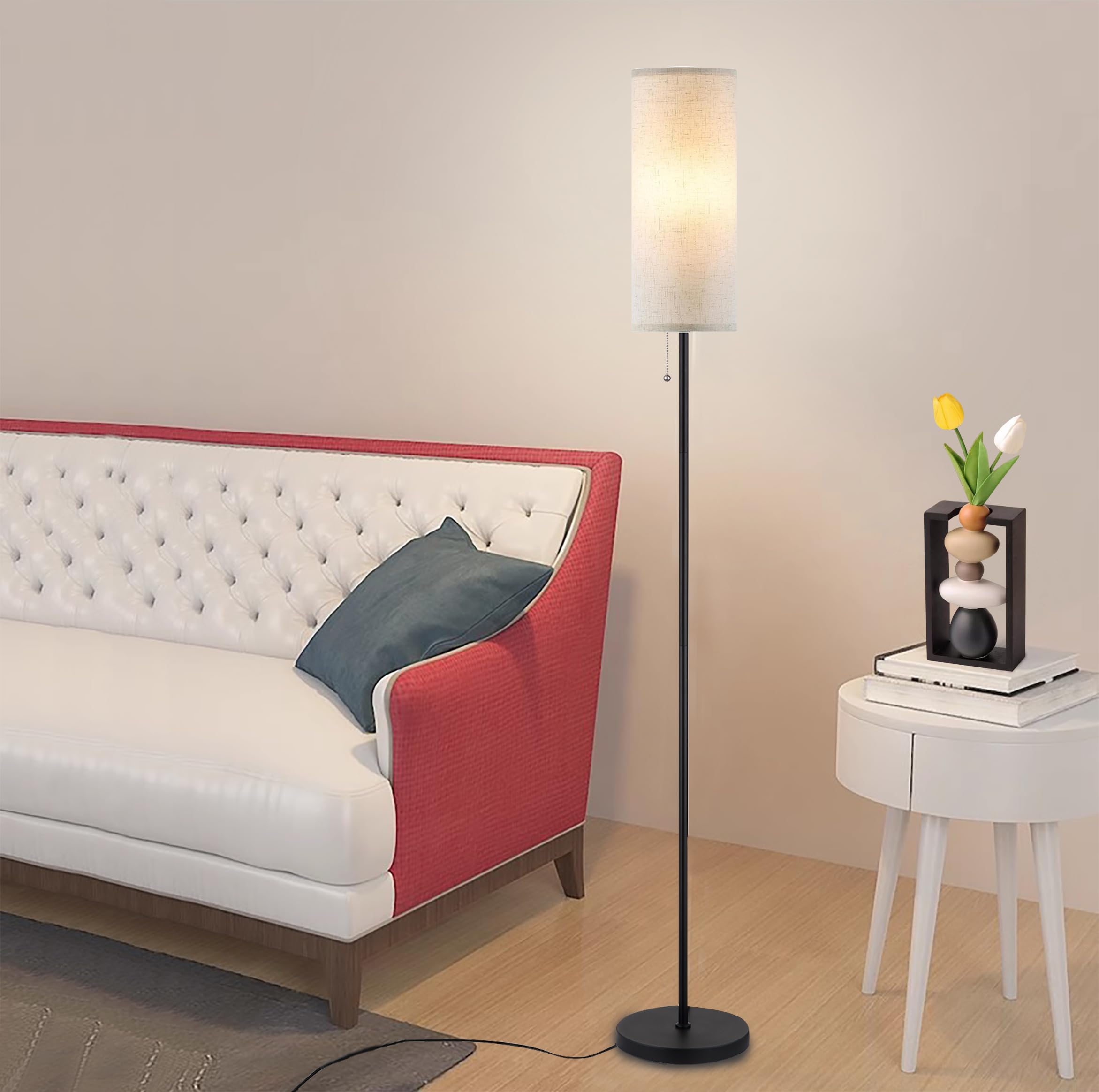Lámpara de pie para sala de estar, lámparas de pie modernas con pantalla, lámpara alta minimalista con interruptor de cadena para sala de estar, bombilla LED incluida (pantalla beige) 6