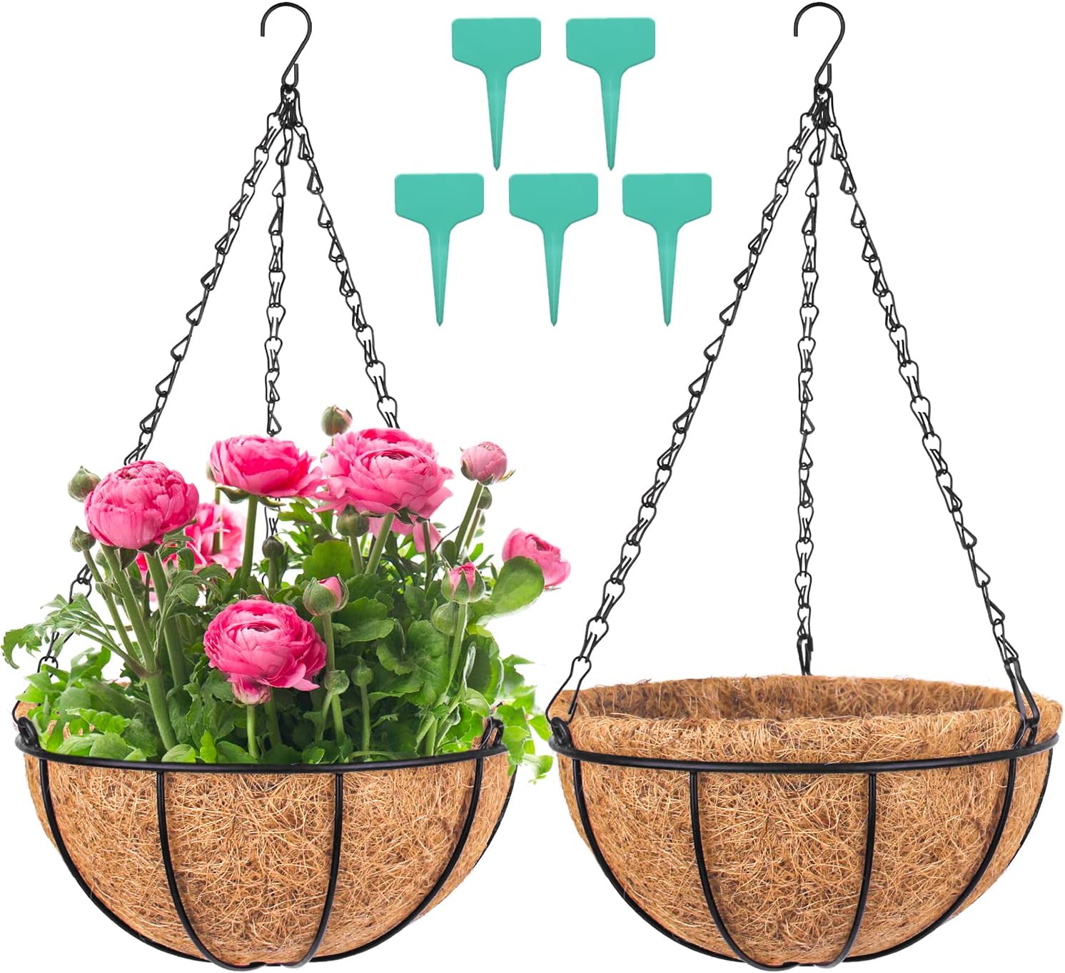 Wizdar 2PCS Metal Hanging Planters Basket with Coco Coir Liner 14 Inch Round Wire Plant Holder Porch Decor Flower Pot Hanger Garden Decor Watering Hanging Baskets