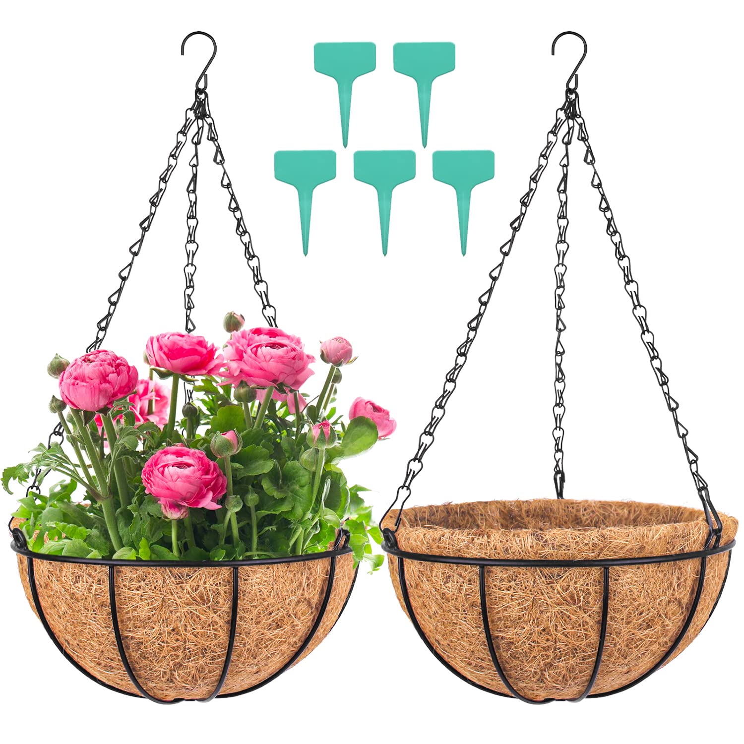 Fun Lites 2 Pcs 30 CM Metal Hanging Planter Basket with Coco Coir Liner Round Wire Plant Holder Porch Decor Flower Pots Hanger Garden Decoration Hanging Baskets for Indoor Outdoor