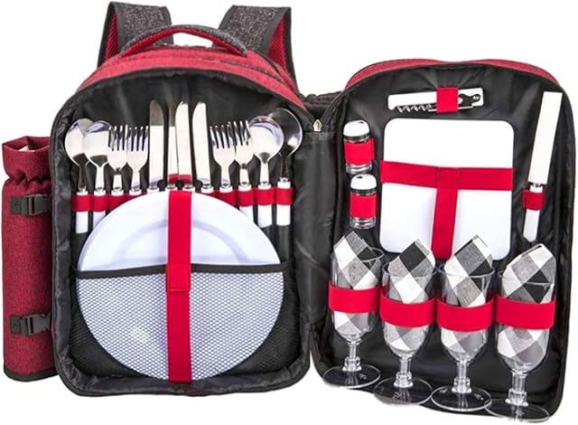 Insulated Picnic Bag for 4 Person Picnic Basket Tote Picnic Backpack Bag with Waterproof Fleece Blankets Picnic Set, Picnic Shoulder Bag Set Perfect for Camping, Day Travel, Hiking, BBQ (Red)