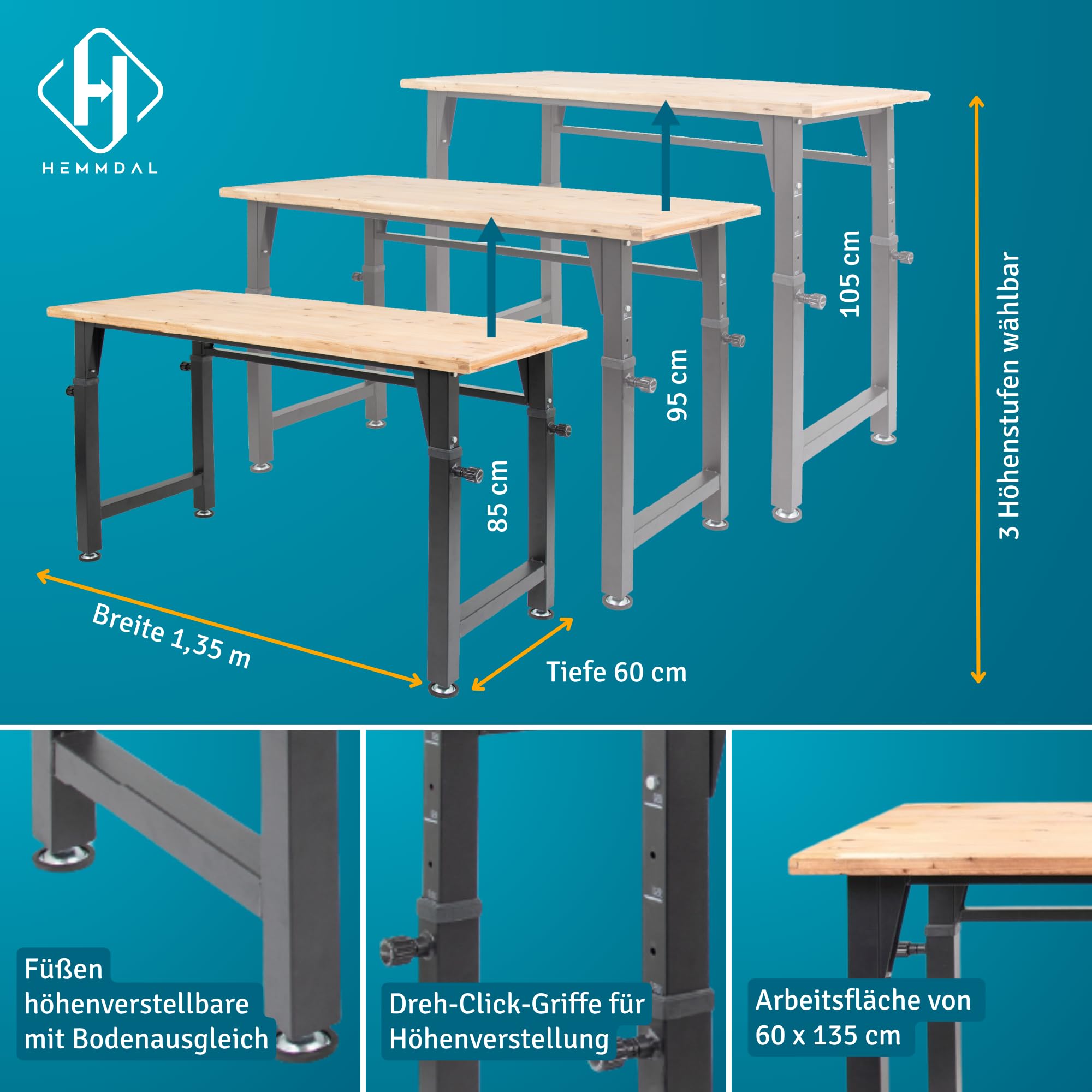 HEMMDAL Werkbank | 200 kg Tragkraft | HxBxT 105 x 135 x 60 cm | 3,5 cm Starke geölte Holzplatte | höhenverstellbar | hochrobust aus pulverbeschichtetem Stahl | Profi-Arbeitstisch | Werktisch